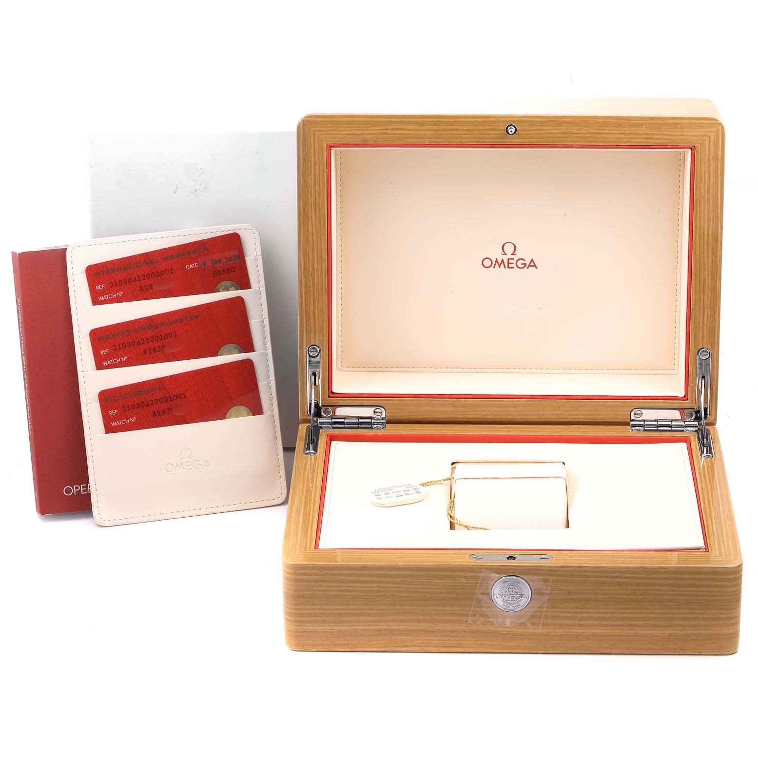 This image shows an Omega Seamaster 210.30.42.20.01.001 Men's Stainless Steel Black Dial 210.30.42.20.01.001 Men's Stainless Steel Black Dial watch box and accompanying documentation from a front angle.