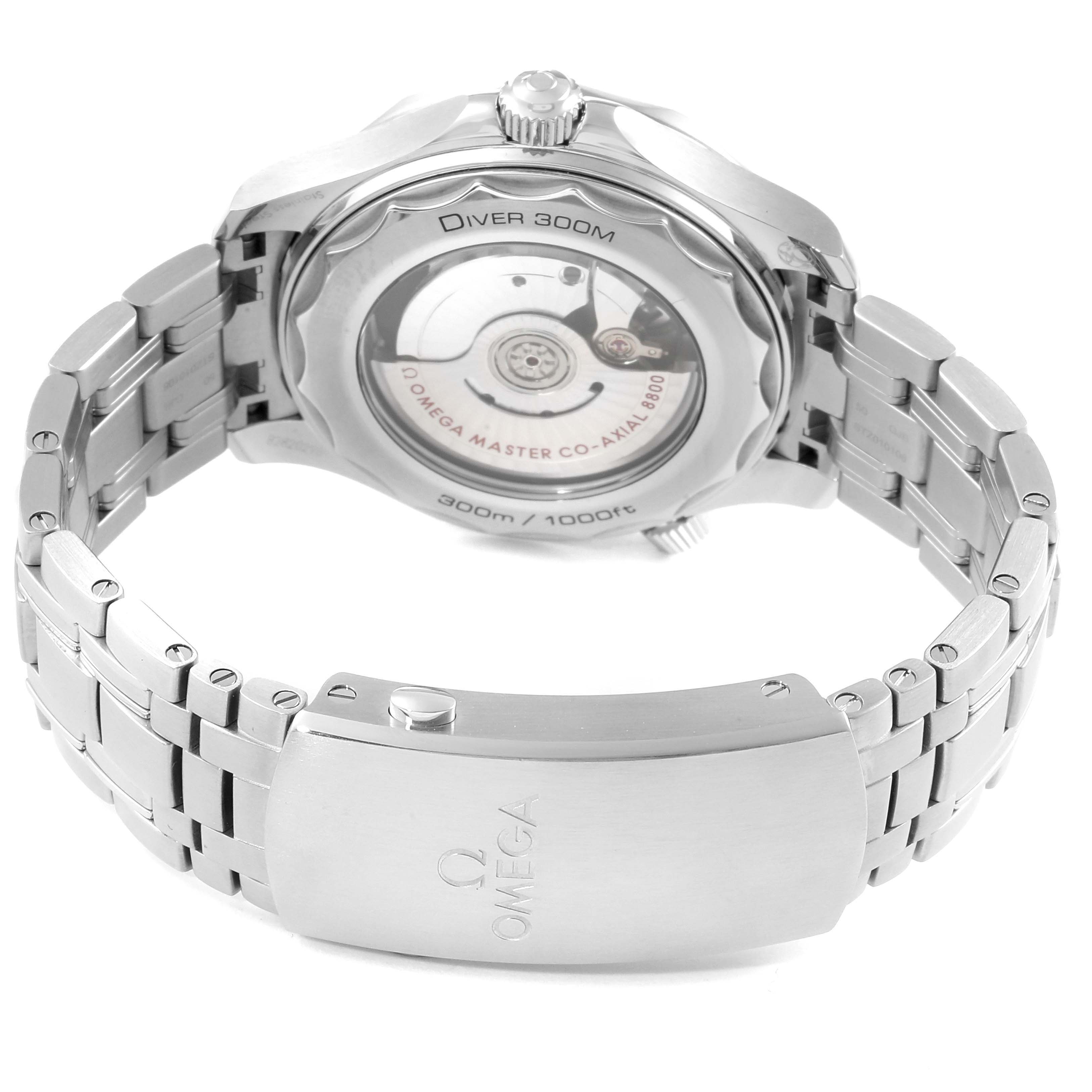 The image shows the back view of an Omega Seamaster 210.30.42.20.01.001 Men's Stainless Steel Black Dial 210.30.42.20.01.001 Men's Stainless Steel Black Dial watch, highlighting its stainless steel bracelet and transparent case back.