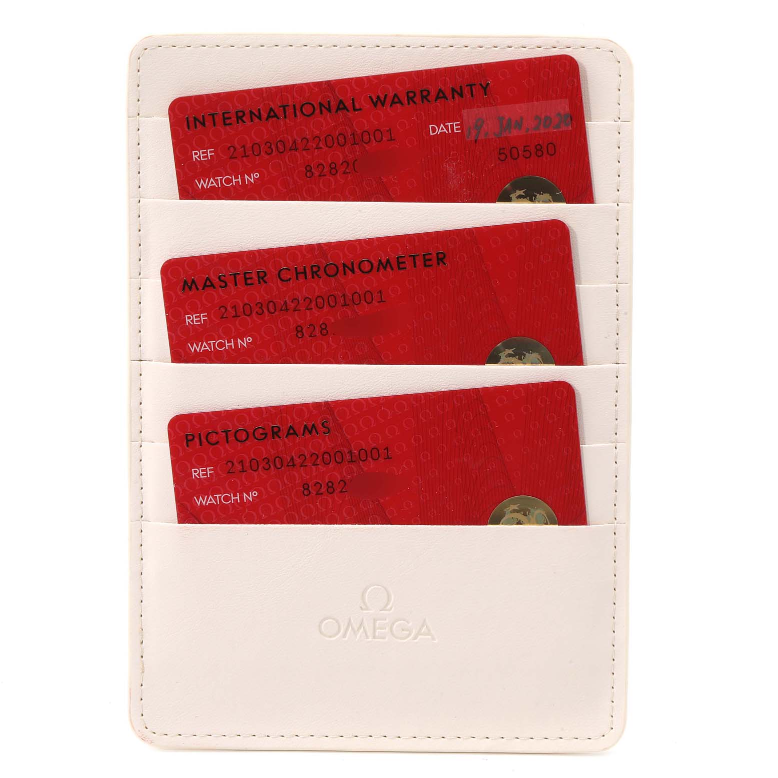 The image shows warranty and certification cards for the Omega Seamaster 210.30.42.20.01.001 Men's Stainless Steel Black Dial 210.30.42.20.01.001 Men's Stainless Steel Black Dial watch in a white cardholder.