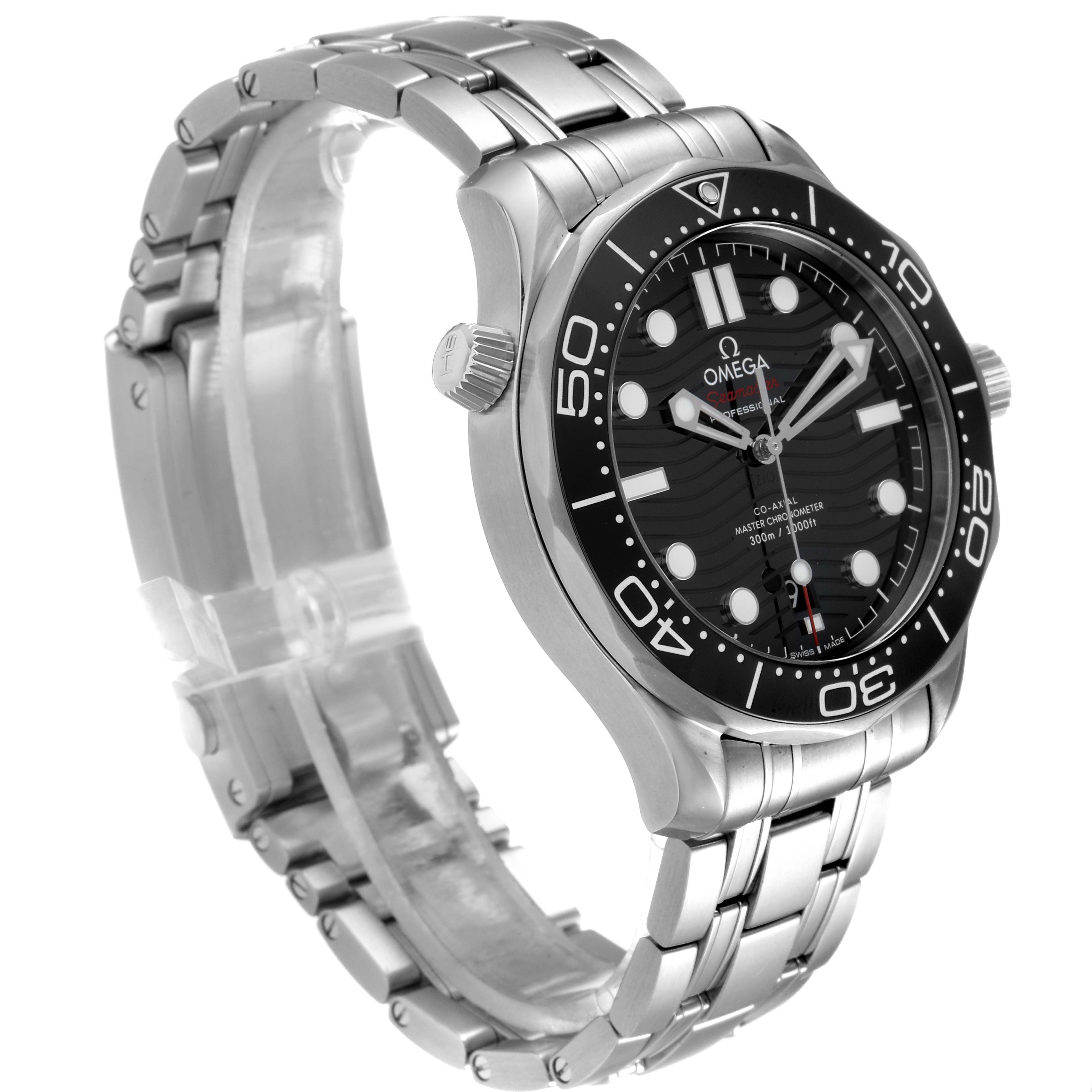 The image shows a three-quarter angle of the Omega Seamaster 210.30.42.20.01.001 Men's Stainless Steel Black Dial 210.30.42.20.01.001 Men's Stainless Steel Black Dial watch, highlighting the face, bezel, crown, and stainless steel bracelet.