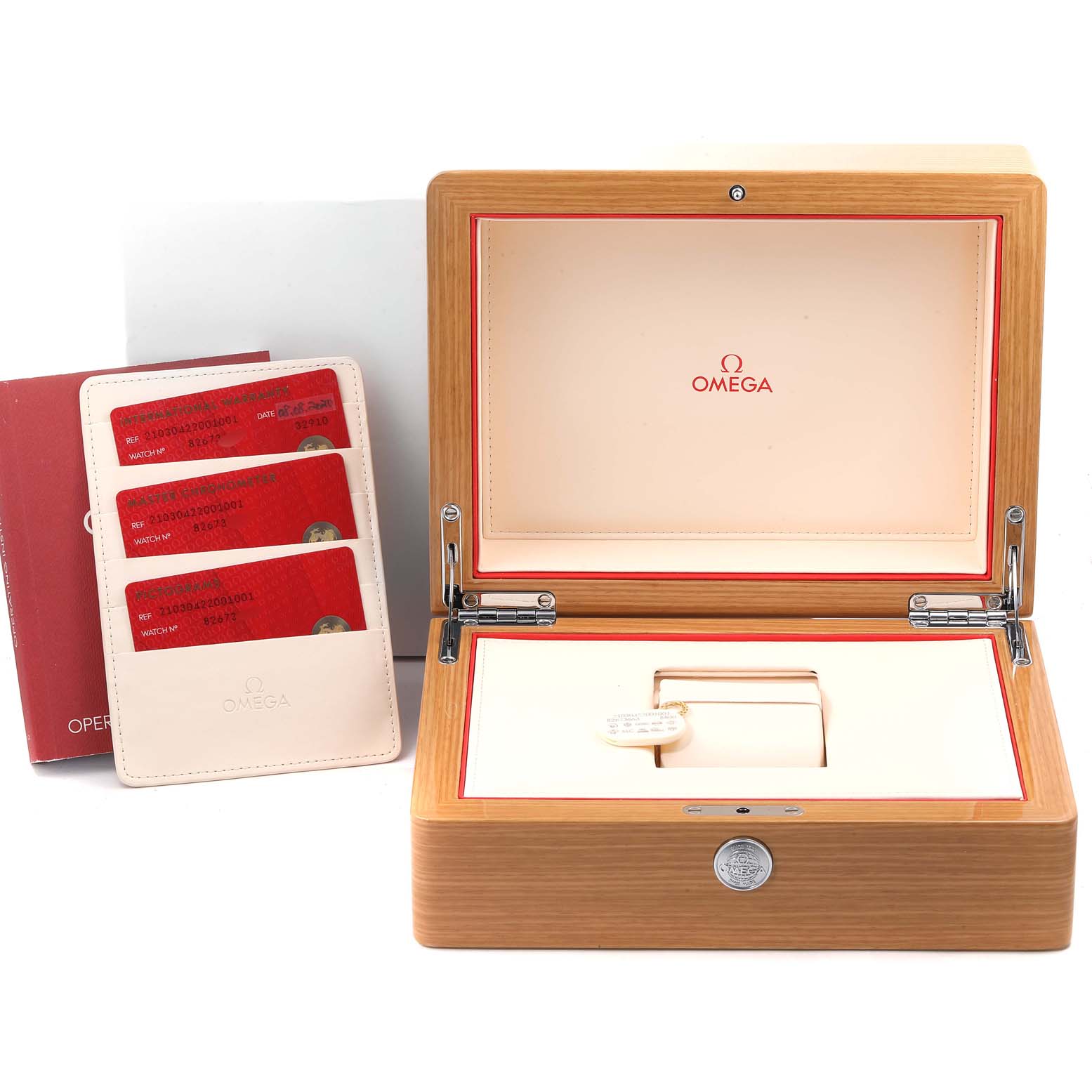 The image shows an Omega Seamaster 210.30.42.20.01.001 Men's Stainless Steel Black Dial 210.30.42.20.01.001 Men's Stainless Steel Black Dial watch box, warranty cards, and a booklet, all photographed from the front.