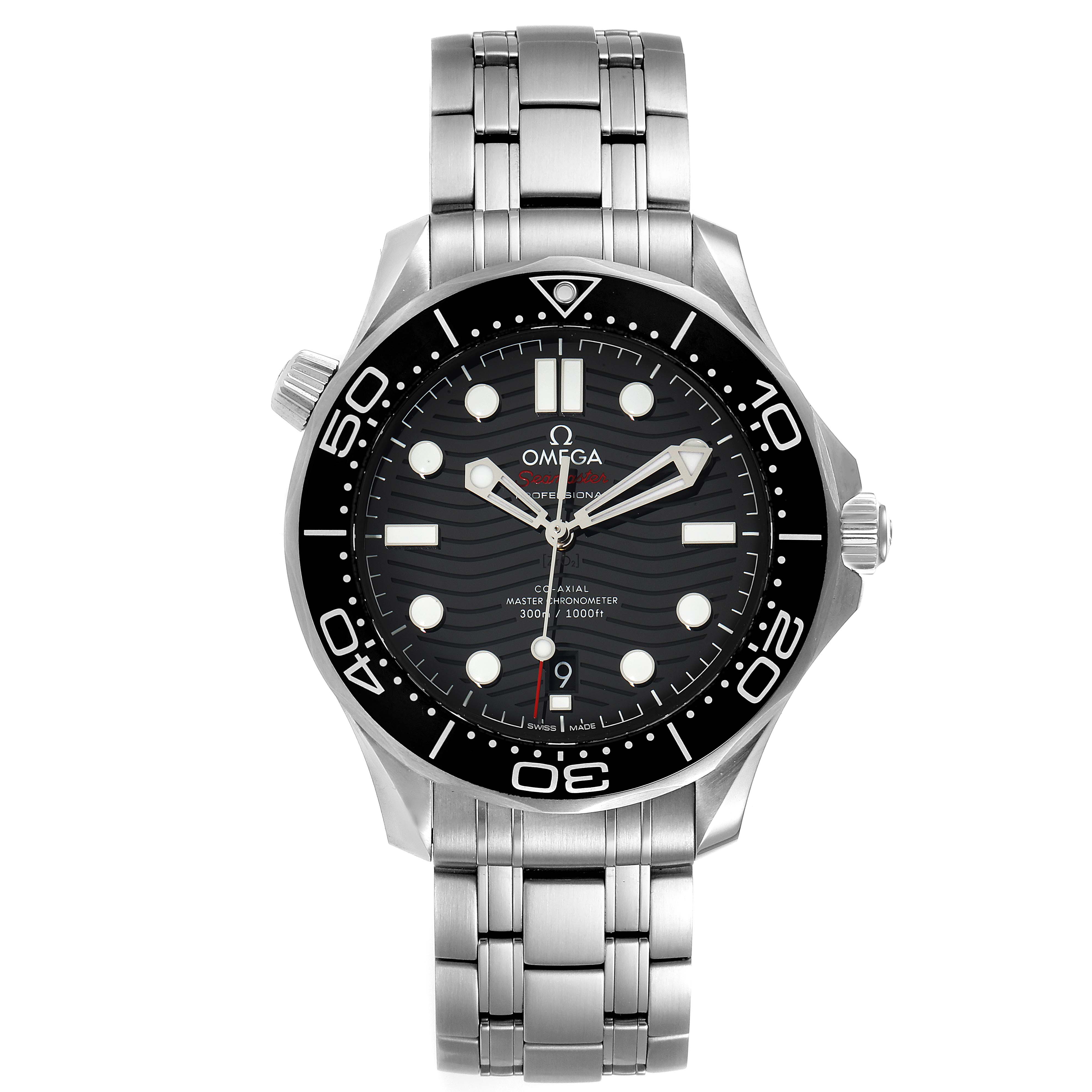 This image shows the front view of an Omega Seamaster 210.30.42.20.01.001 Men's Stainless Steel Black Dial 210.30.42.20.01.001 Men's Stainless Steel Black Dial watch, highlighting its dial, bezel, and stainless steel bracelet.