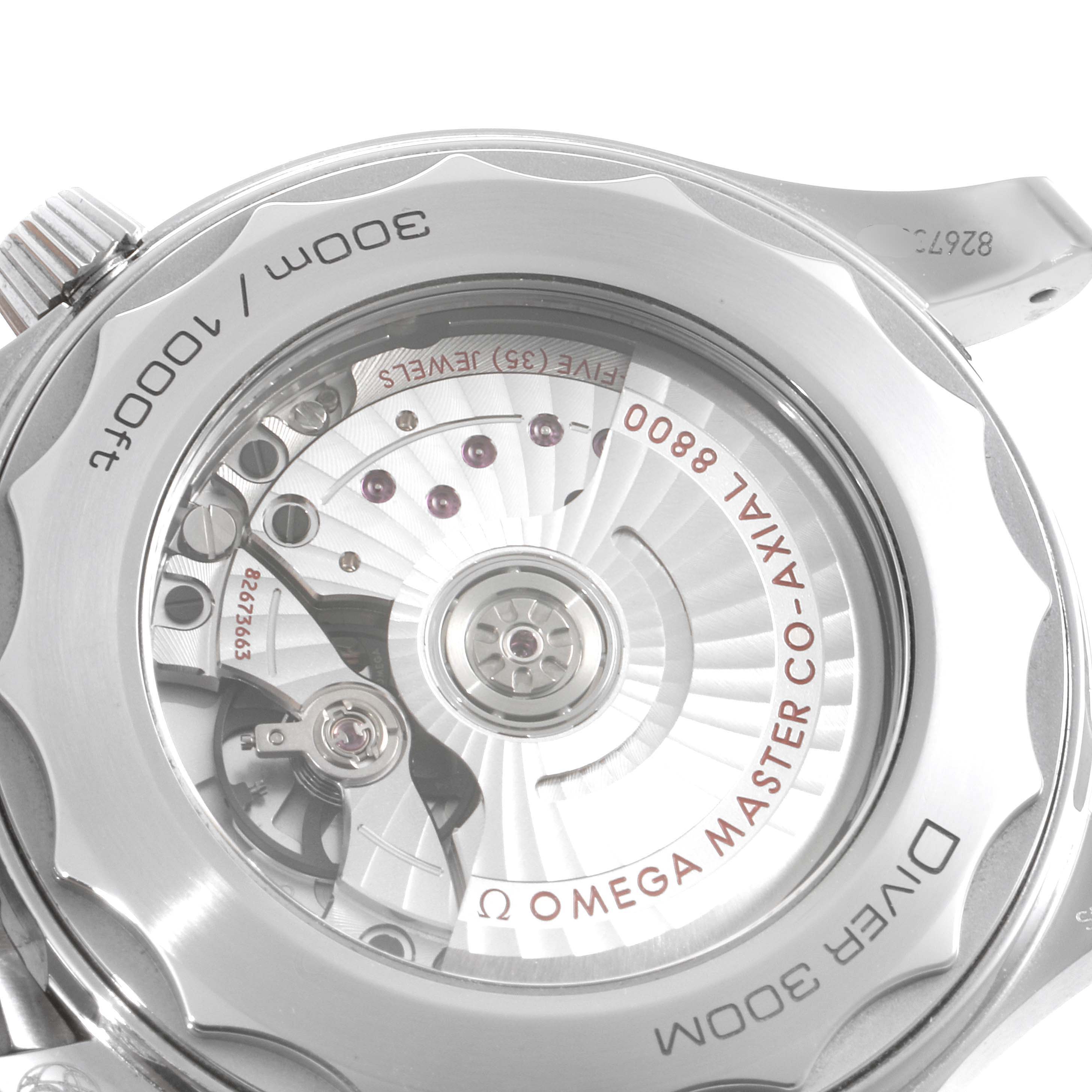 This image shows a close-up of the Omega Seamaster 210.30.42.20.01.001 Men's Stainless Steel Black Dial 210.30.42.20.01.001 Men's Stainless Steel Black Dial watch's back, highlighting the movement and internal mechanism.