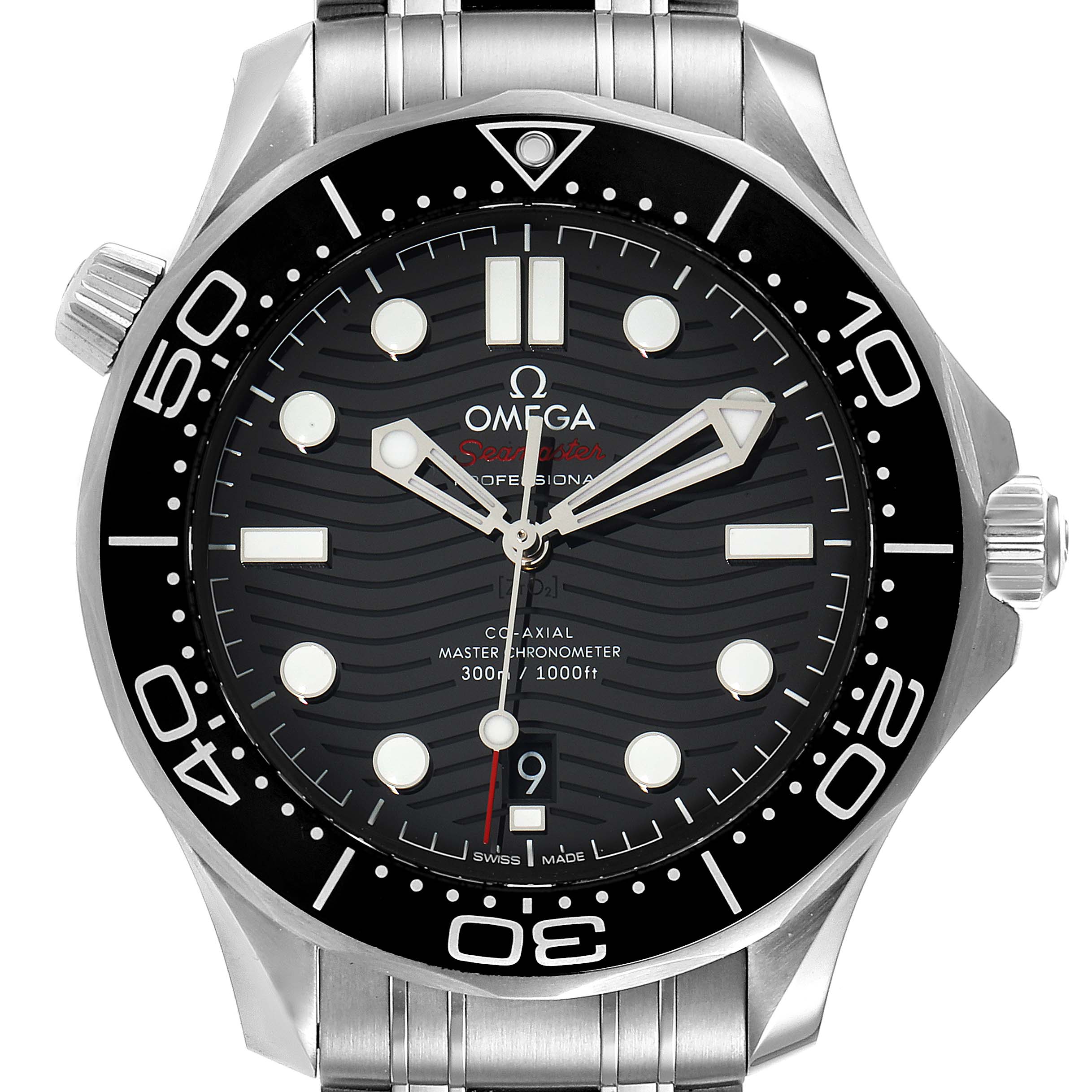 The image shows a front view of the Omega Seamaster 210.30.42.20.01.001 Men's Stainless Steel Black Dial 210.30.42.20.01.001 Men's Stainless Steel Black Dial watch, highlighting the dial, bezel, hands, and date display.