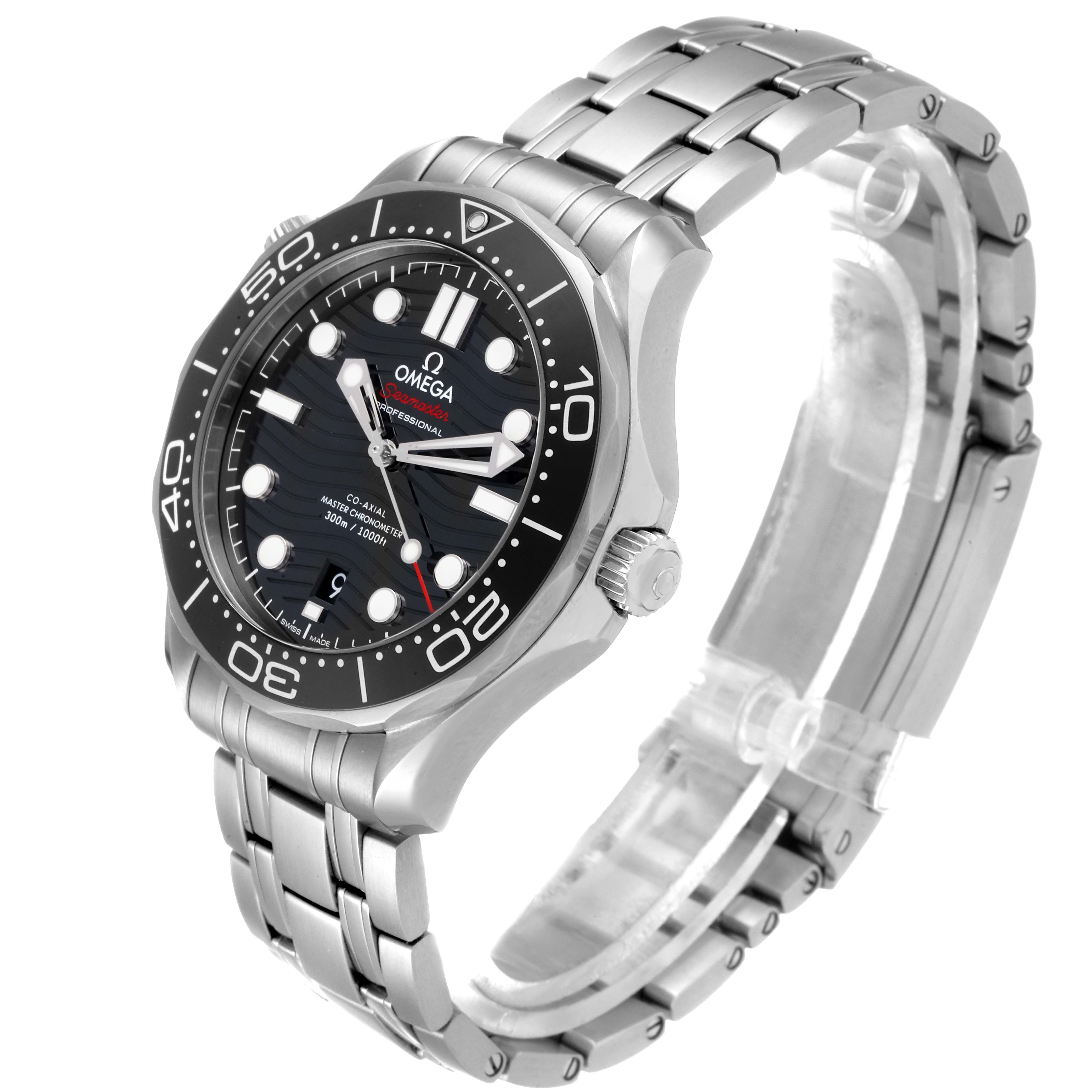 The image shows a front-side angle of an Omega Seamaster 210.30.42.20.01.001 Men's Stainless Steel Black Dial 210.30.42.20.01.001 Men's Stainless Steel Black Dial watch, highlighting the face, bezel, crown, and bracelet.