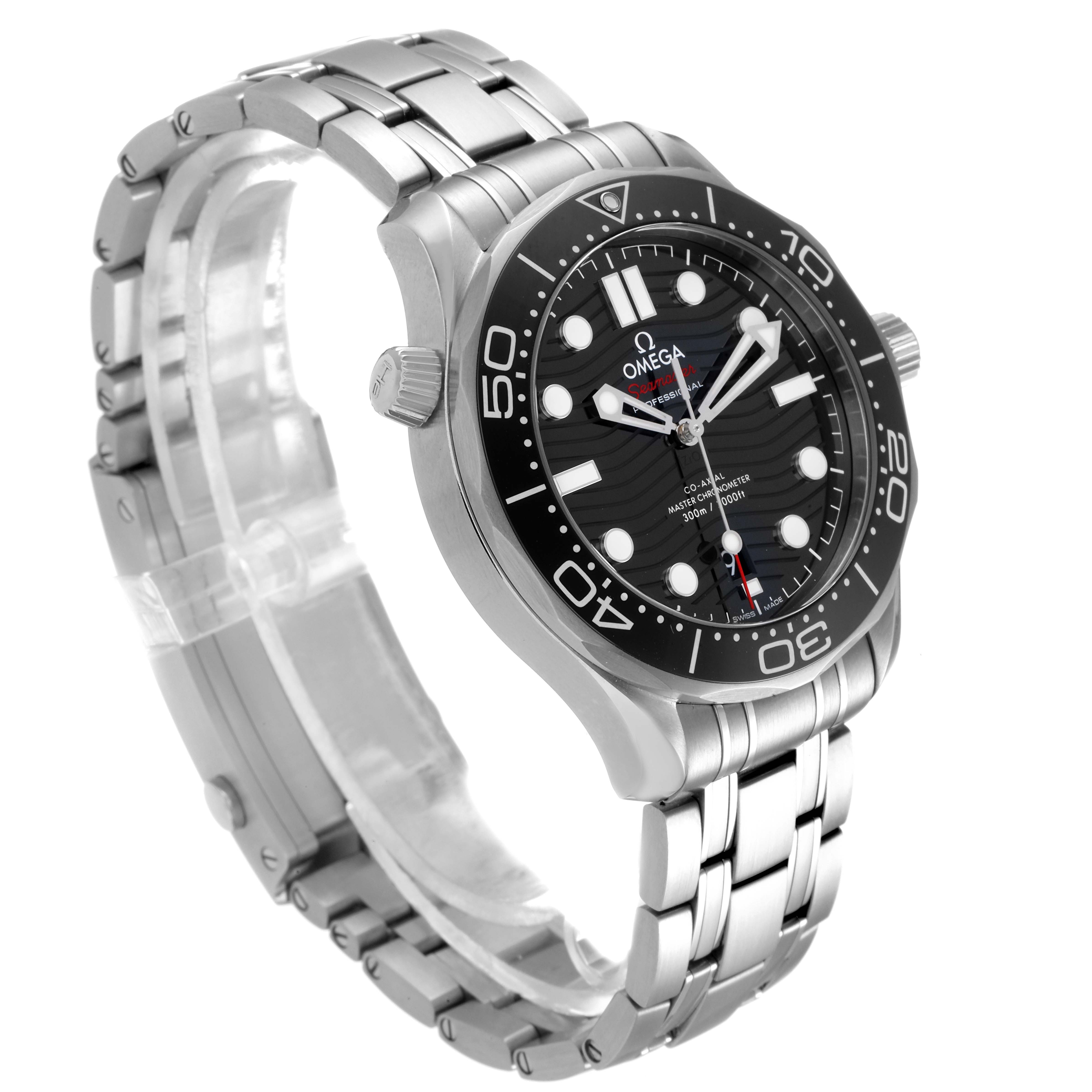 This image shows the Omega Seamaster 210.30.42.20.01.001 Men's Stainless Steel Black Dial 210.30.42.20.01.001 Men's Stainless Steel Black Dial model watch from a three-quarter side angle, displaying the watch face, bezel, crown, and bracelet.