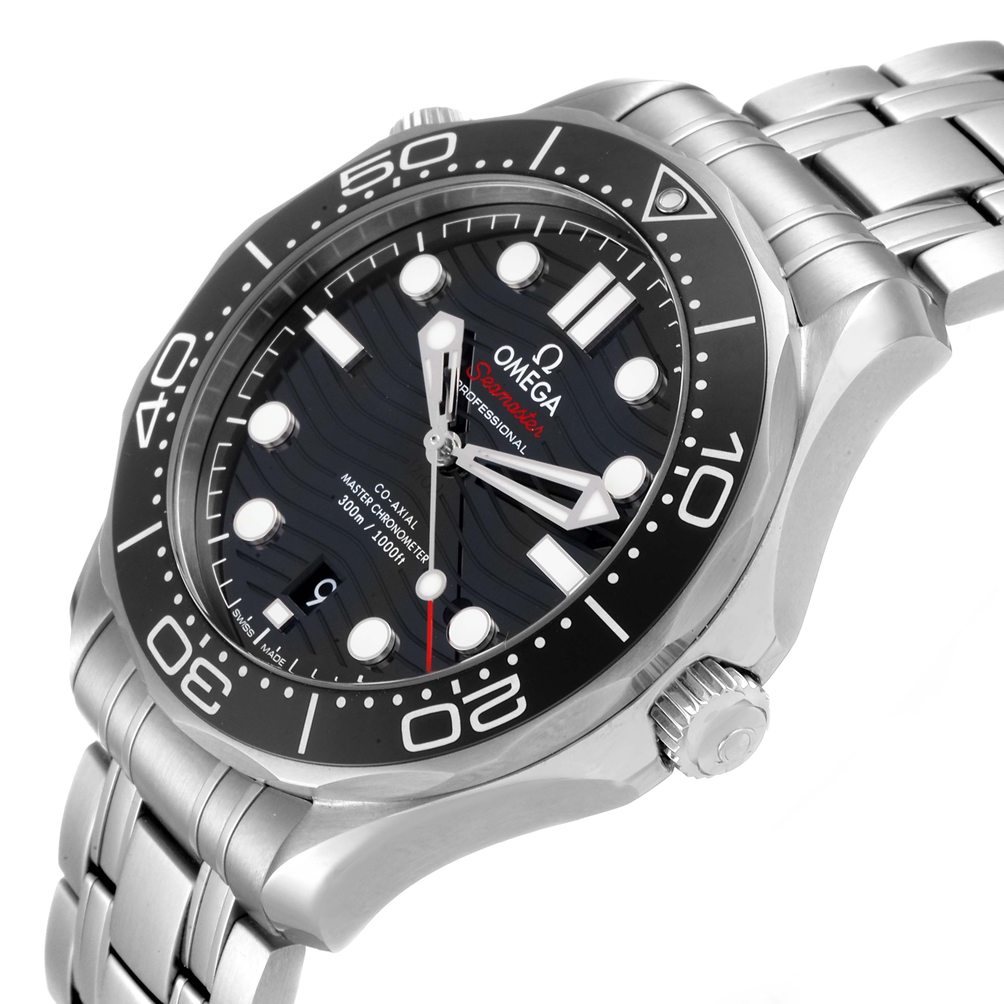 The Omega Seamaster 210.30.42.20.01.001 Men's Stainless Steel Black Dial 210.30.42.20.01.001 Men's Stainless Steel Black Dial watch is shown at an angled view, highlighting the dial, bezel, and stainless steel bracelet.