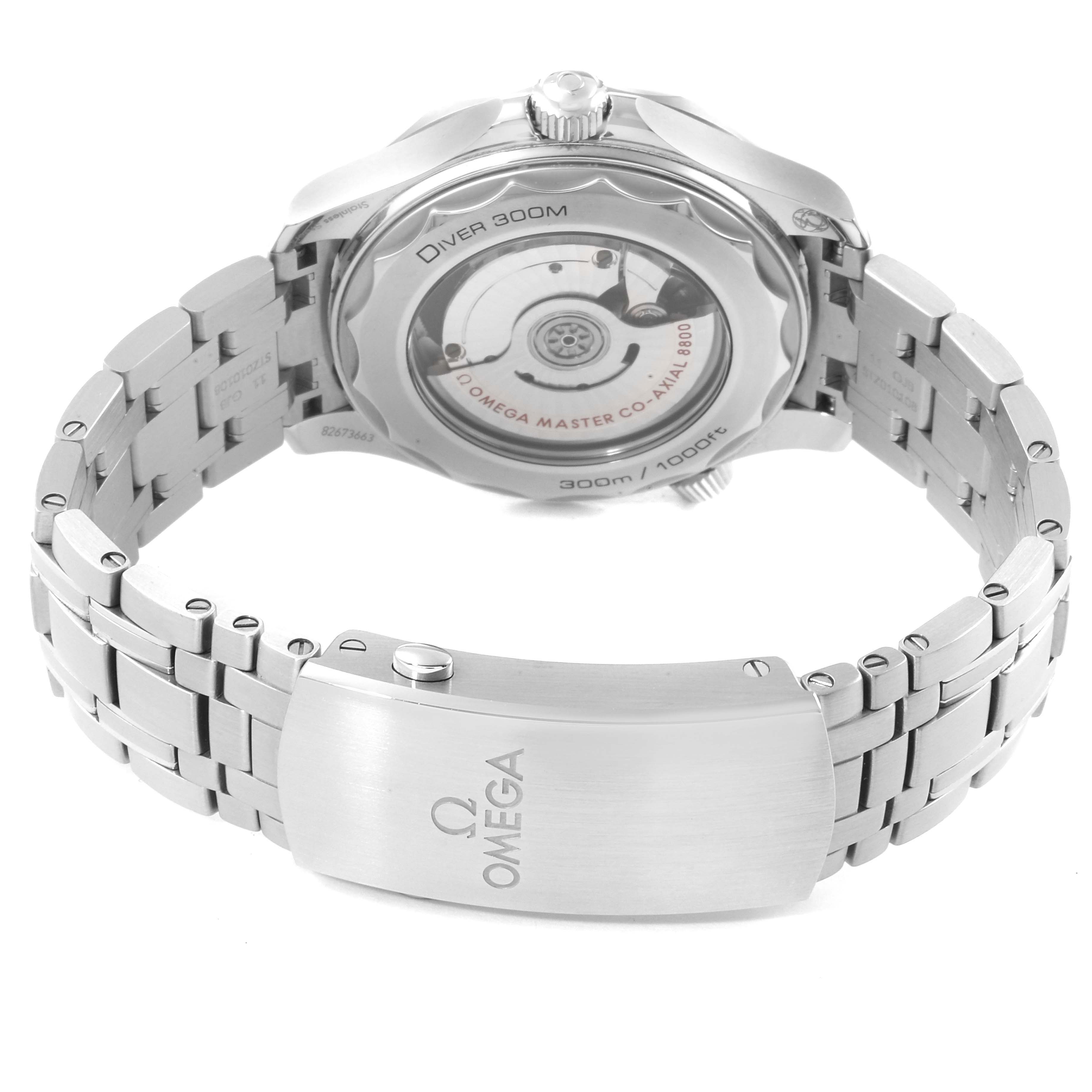 This image shows the back case and bracelet of an Omega Seamaster 210.30.42.20.01.001 Men's Stainless Steel Black Dial 210.30.42.20.01.001 Men's Stainless Steel Black Dial watch, highlighting the clasp and exposed movement.