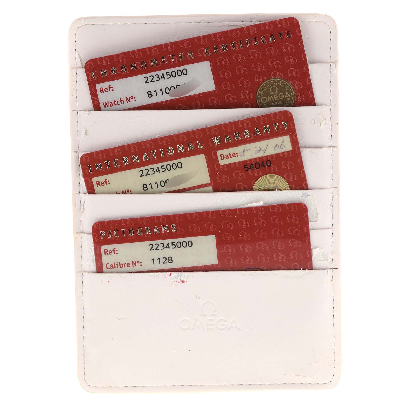 The image shows Omega Seamaster 2234.50.00 Men
s Stainless Steel Black Dial 2234.50.00 Men
s Stainless Steel Black Dial watch documentation, including a chronometer certificate, an international warranty card, and a pictogram card.