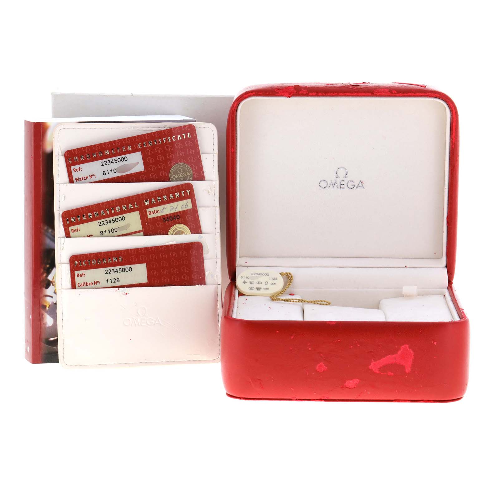 The image shows an Omega Seamaster 2234.50.00 Men
s Stainless Steel Black Dial 2234.50.00 Men
s Stainless Steel Black Dial watch box, certificates, and tag from a front angle.