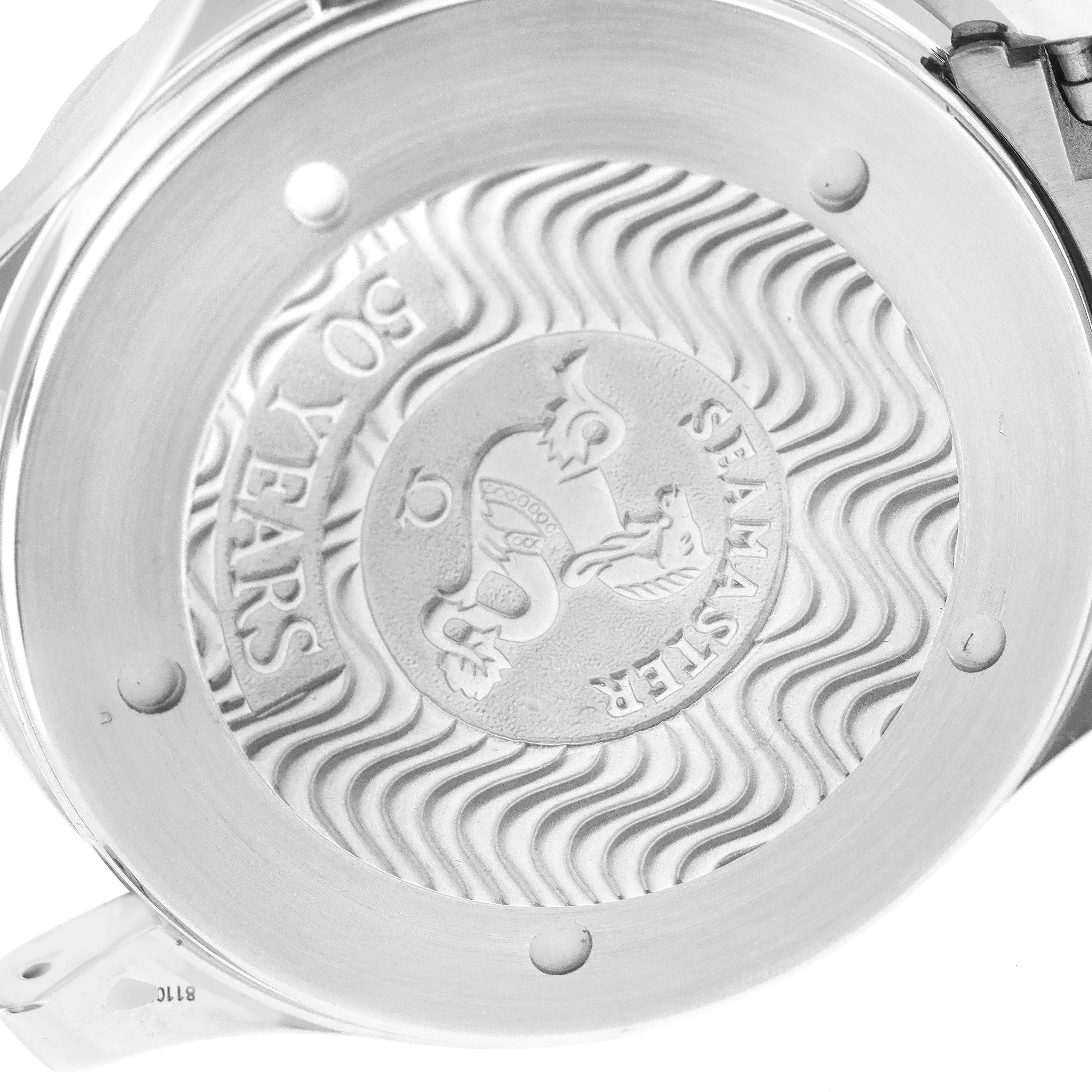 This image shows the case back of the Omega Seamaster 2234.50.00 Men
s Stainless Steel Black Dial 2234.50.00 Men
s Stainless Steel Black Dial watch, featuring embossed designs and the "50 Years" inscription.