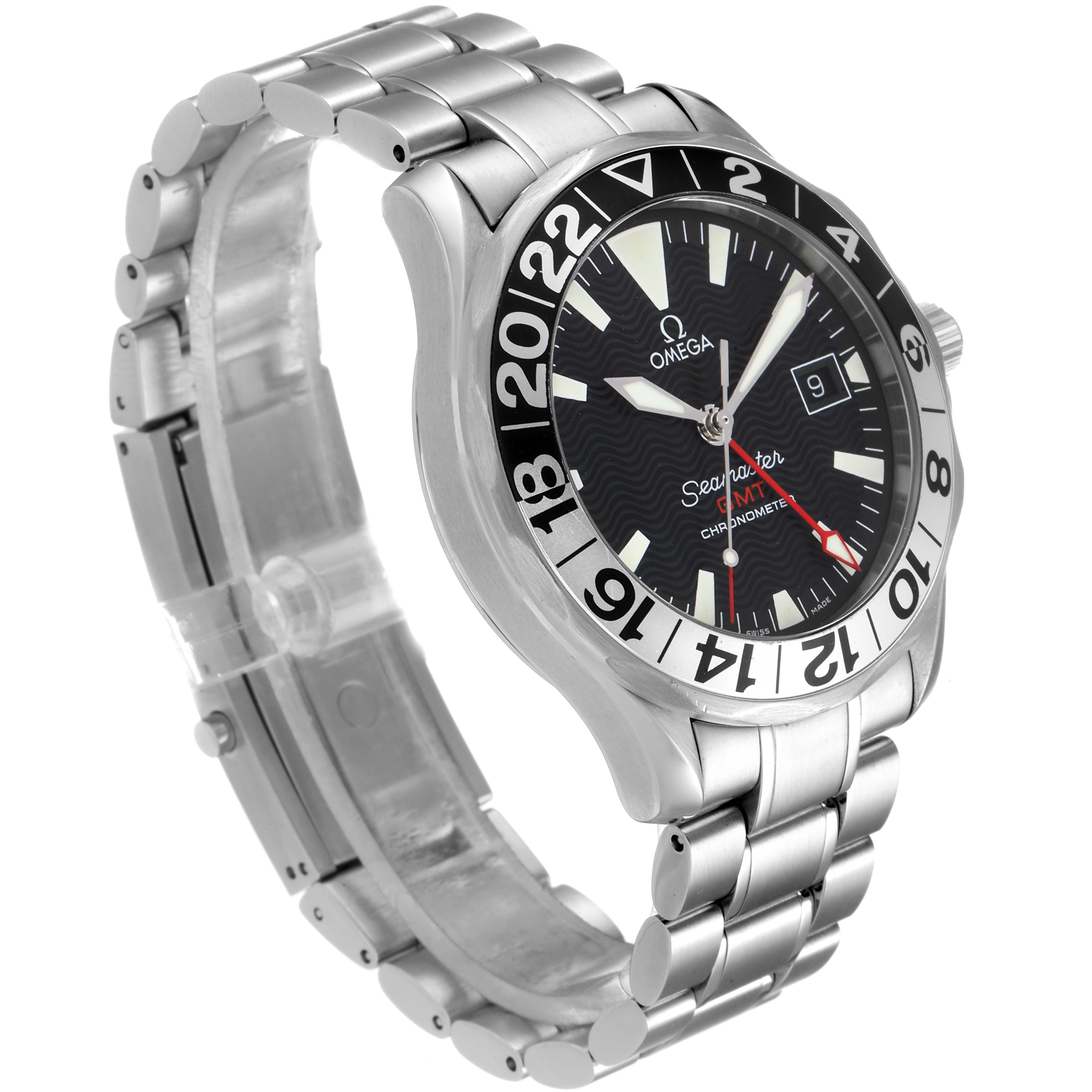 The Omega Seamaster 2234.50.00 Men
s Stainless Steel Black Dial 2234.50.00 Men
s Stainless Steel Black Dial watch is shown at a slight angle, displaying the face, bezel, bracelet, and clasp.