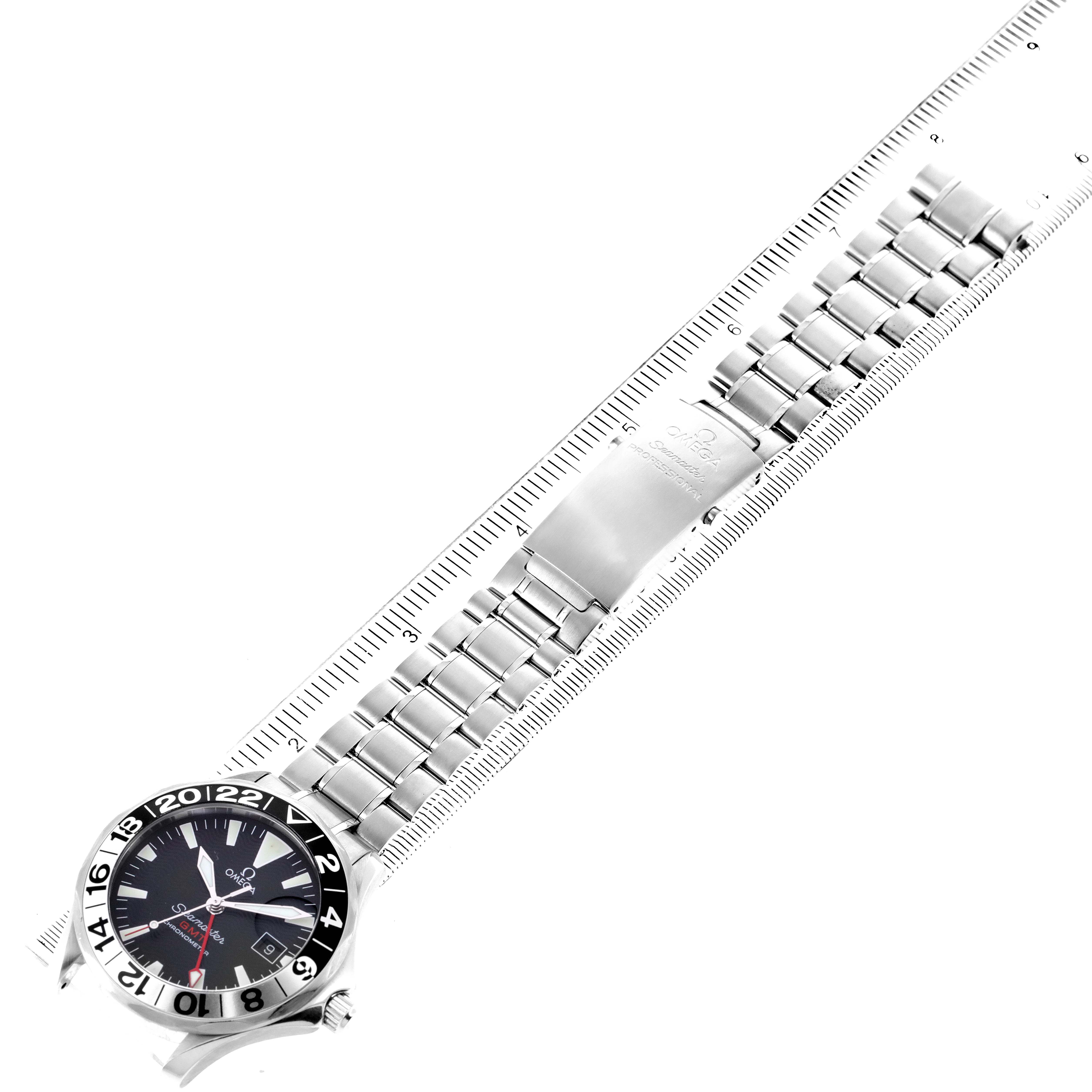 The Omega Seamaster 2234.50.00 Men
s Stainless Steel Black Dial 2234.50.00 Men
s Stainless Steel Black Dial watch is shown in a top-down angle, displaying the face, bezel, and full metal bracelet.