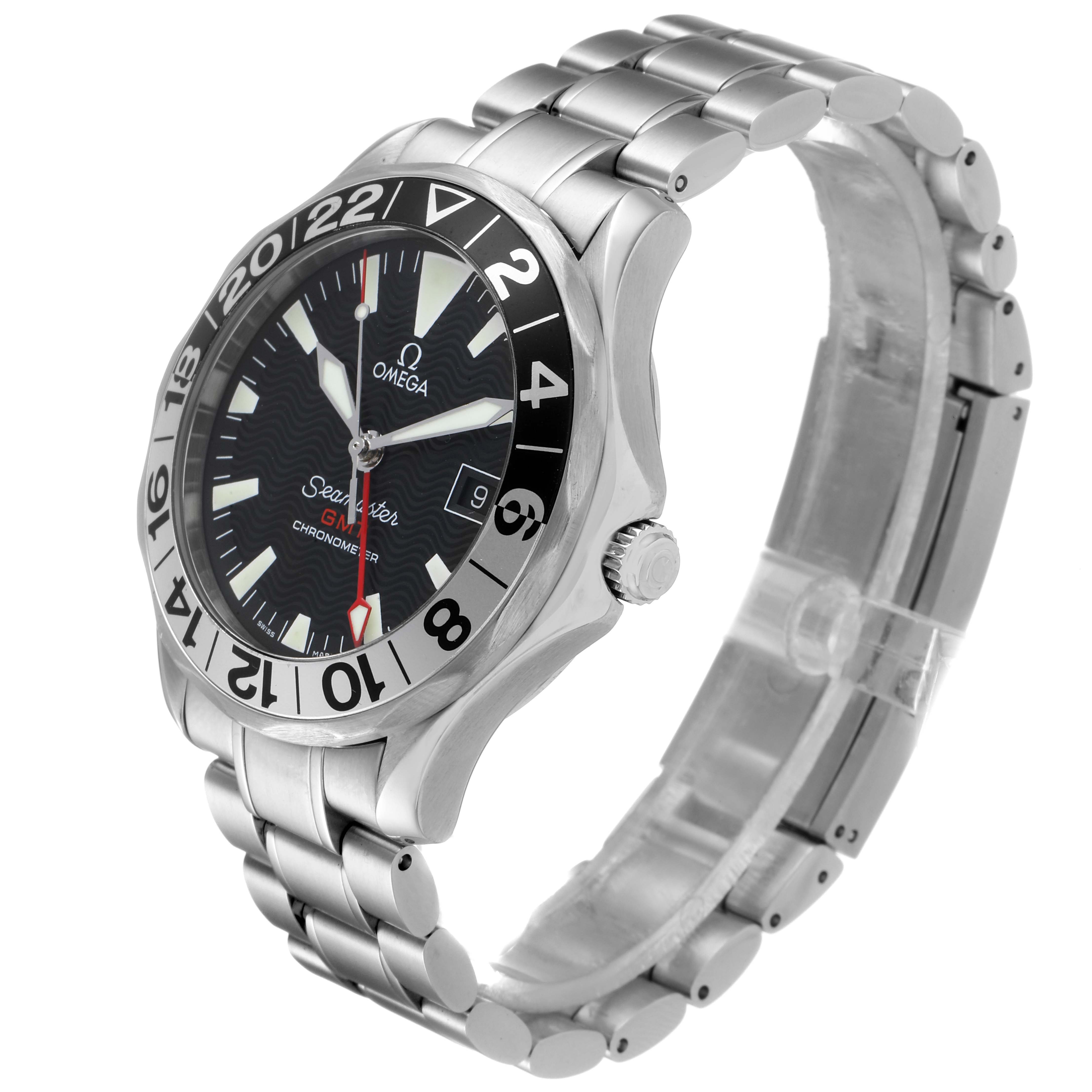The Omega Seamaster 2234.50.00 Men
s Stainless Steel Black Dial 2234.50.00 Men
s Stainless Steel Black Dial watch is shown at an angle displaying the face, bezel, crown, and stainless steel bracelet.
