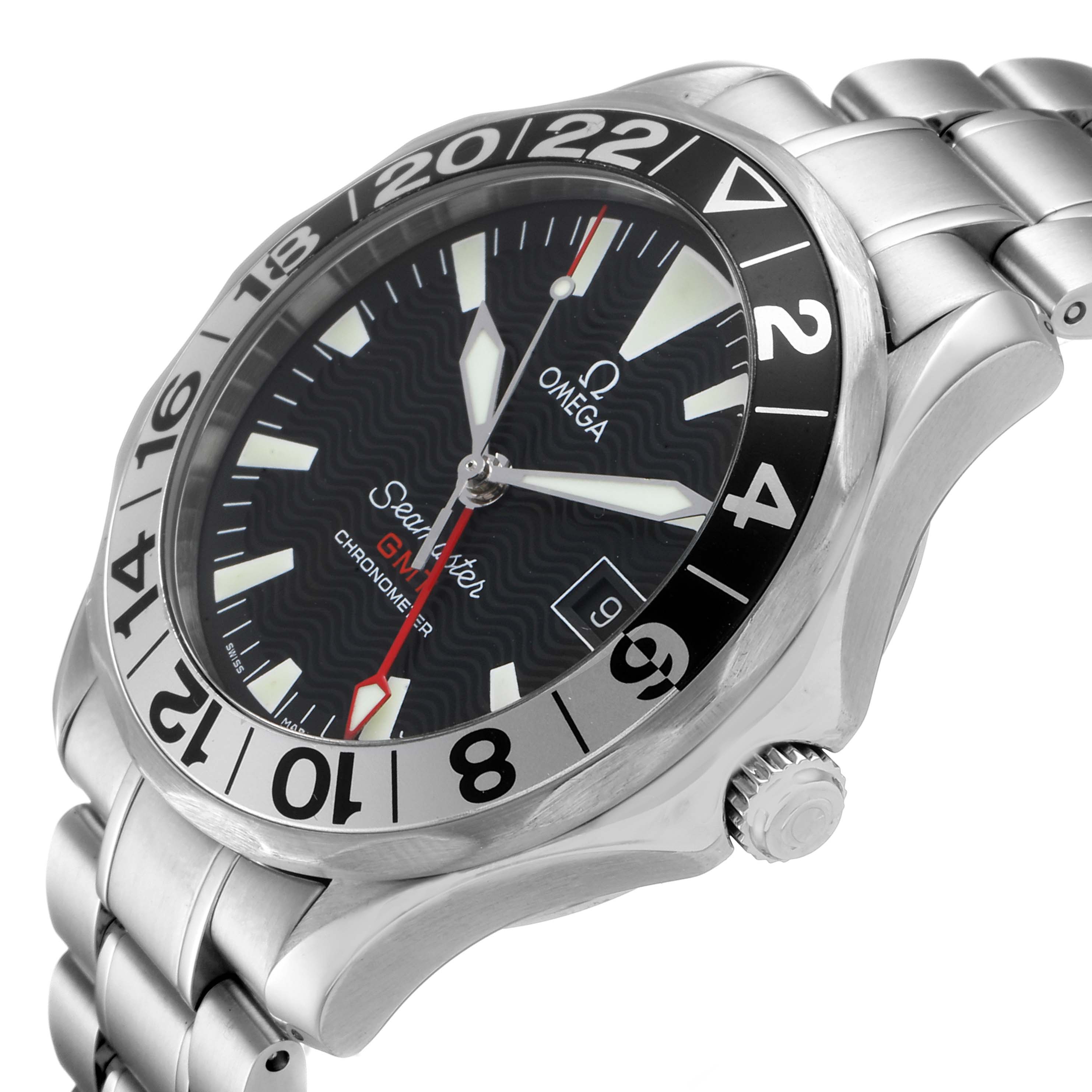 This image shows a close-up of the watch face, bezel, and bracelet of the Omega Seamaster 2234.50.00 Men
s Stainless Steel Black Dial 2234.50.00 Men
s Stainless Steel Black Dial model at a slight angle from the right side.