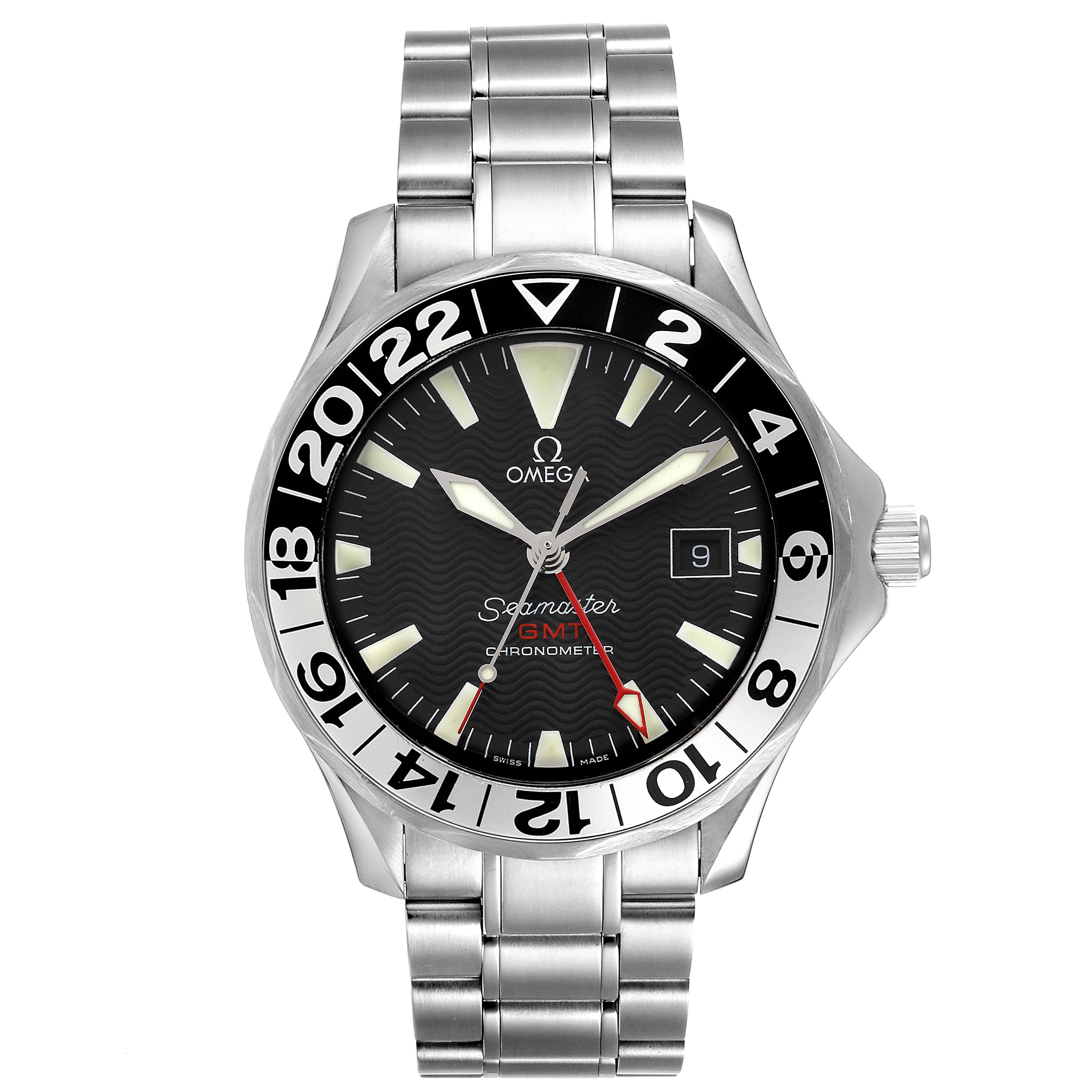 The image shows a front view of the Omega Seamaster 2234.50.00 Men
s Stainless Steel Black Dial 2234.50.00 Men
s Stainless Steel Black Dial GMT Chronometer watch, highlighting its bezel, dial, hands, and bracelet.