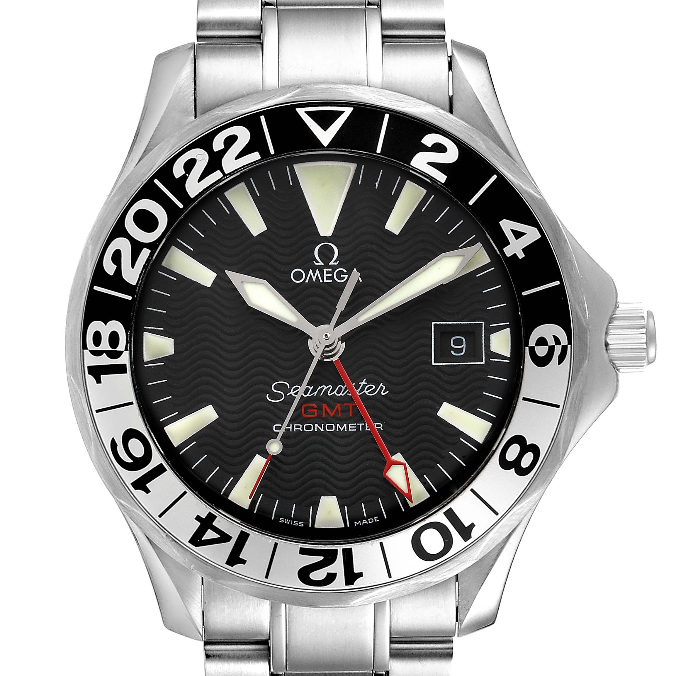 The Omega Seamaster 2234.50.00 Men
s Stainless Steel Black Dial 2234.50.00 Men
s Stainless Steel Black Dial GMT watch is shown from a front angle, highlighting its face, bezel, and part of the metal strap.