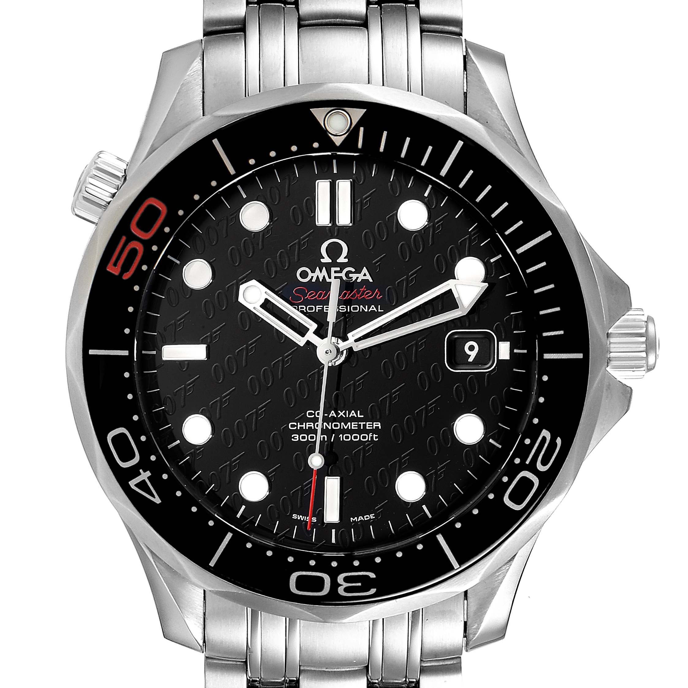 The Omega Seamaster 212.30.41.20.01.005 Men's Stainless Steel Black Dial 212.30.41.20.01.005 Men's Stainless Steel Black Dial watch is shown from the front, featuring its dial, bezel, crown, and stainless steel bracelet.