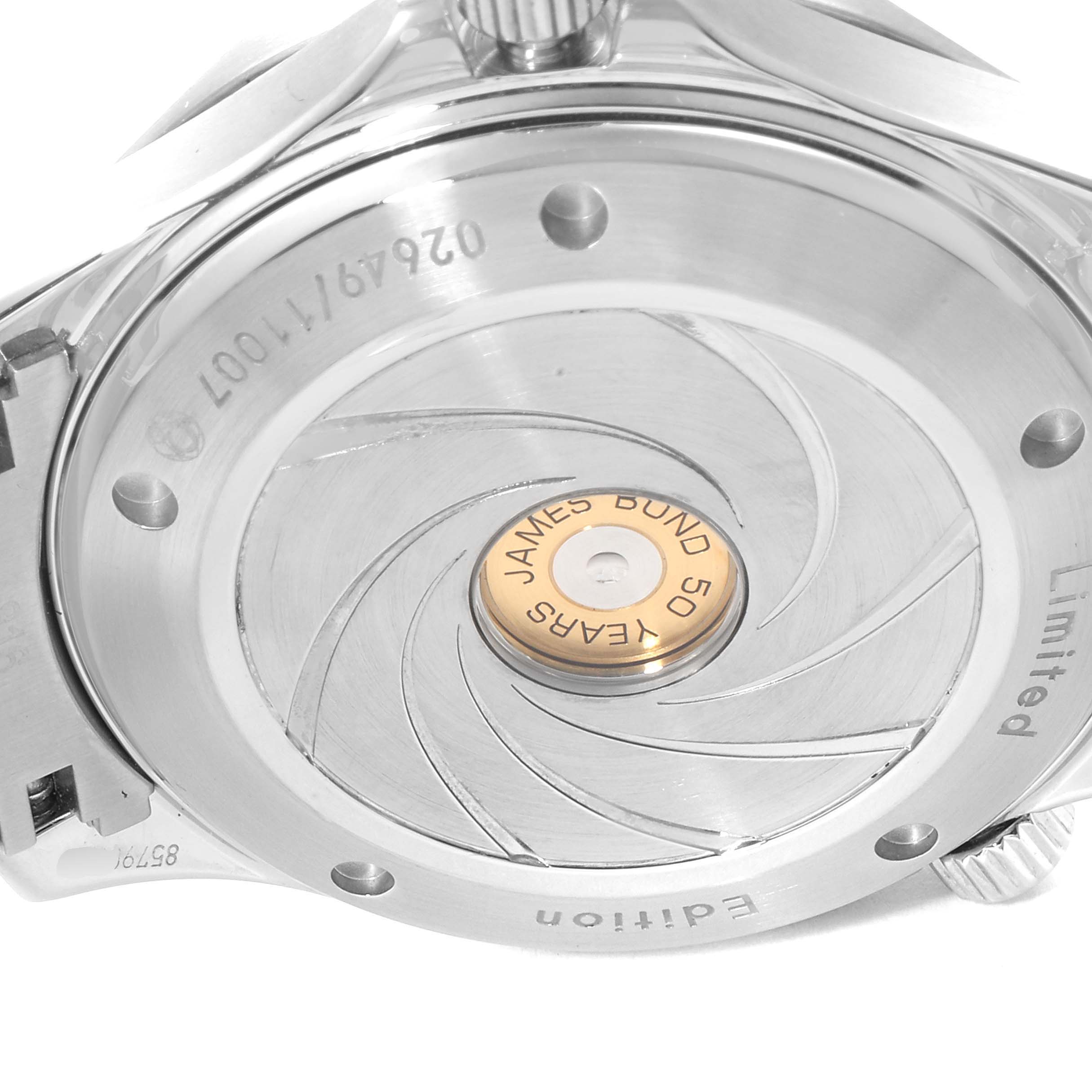 The image shows the back case of an Omega Seamaster 212.30.41.20.01.005 Men's Stainless Steel Black Dial 212.30.41.20.01.005 Men's Stainless Steel Black Dial watch, featuring "James Bond 50 Years" engraving and a limited edition number.