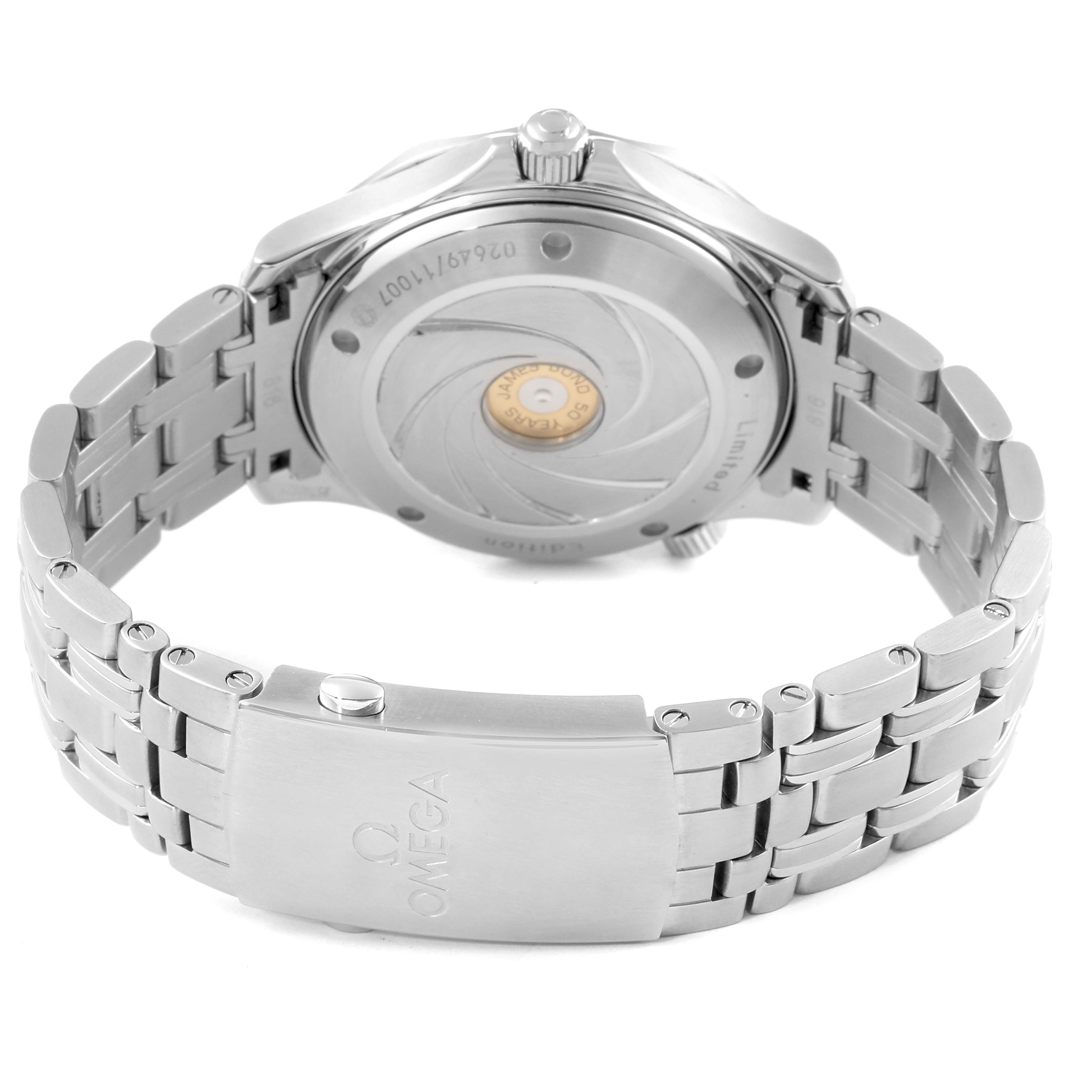 The image shows the back case, crown, and bracelet clasp of an Omega Seamaster 212.30.41.20.01.005 Men's Stainless Steel Black Dial 212.30.41.20.01.005 Men's Stainless Steel Black Dial watch from a rear-angle view.