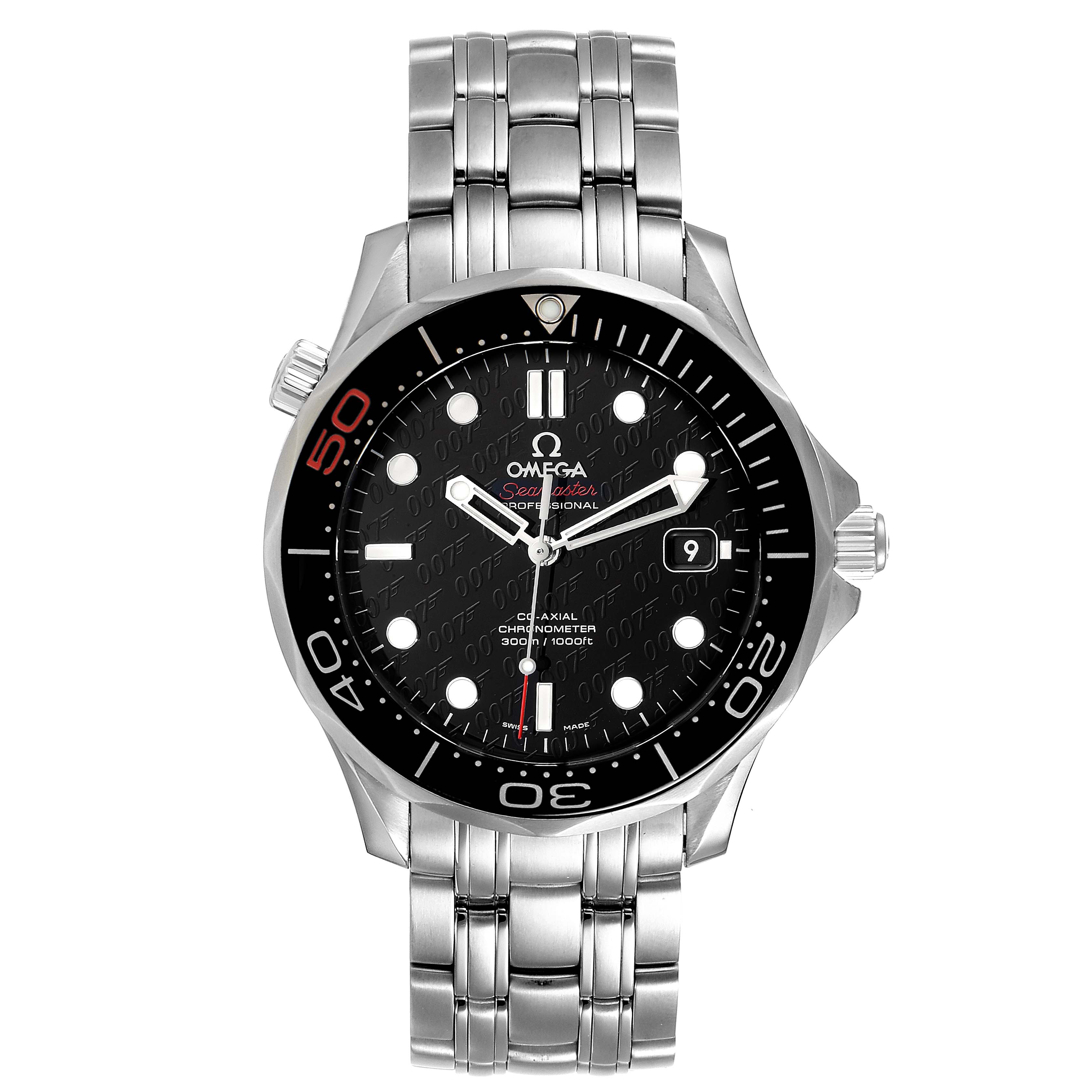 The Omega Seamaster 212.30.41.20.01.005 Men's Stainless Steel Black Dial 212.30.41.20.01.005 Men's Stainless Steel Black Dial watch is shown from a front angle, highlighting the face, bezel, crown, and stainless steel bracelet.