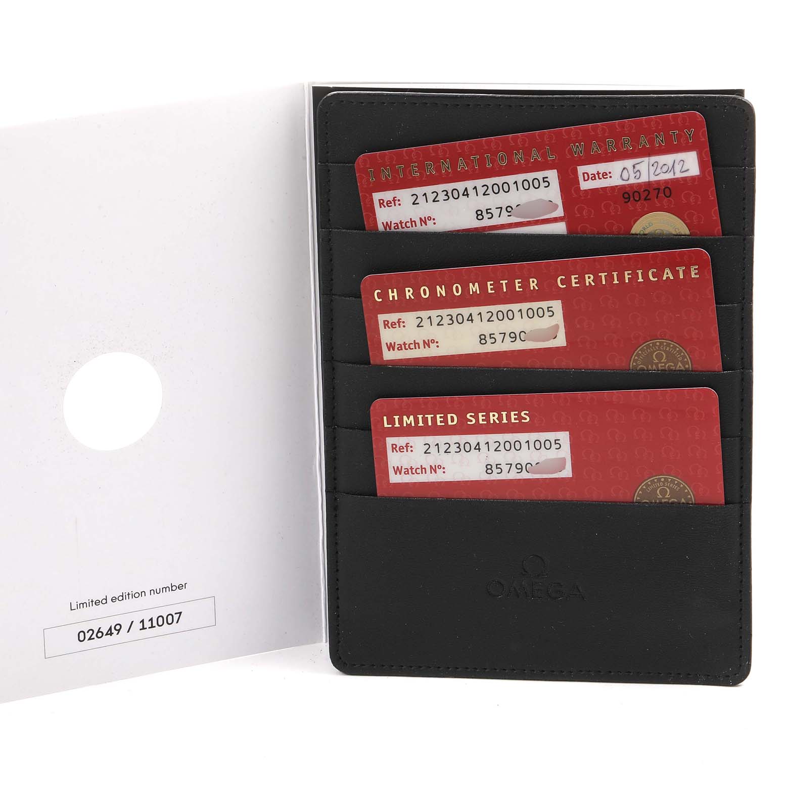 The image shows the warranty, chronometer certificate, and limited series cards for the Omega Seamaster 212.30.41.20.01.005 Men's Stainless Steel Black Dial 212.30.41.20.01.005 Men's Stainless Steel Black Dial watch.