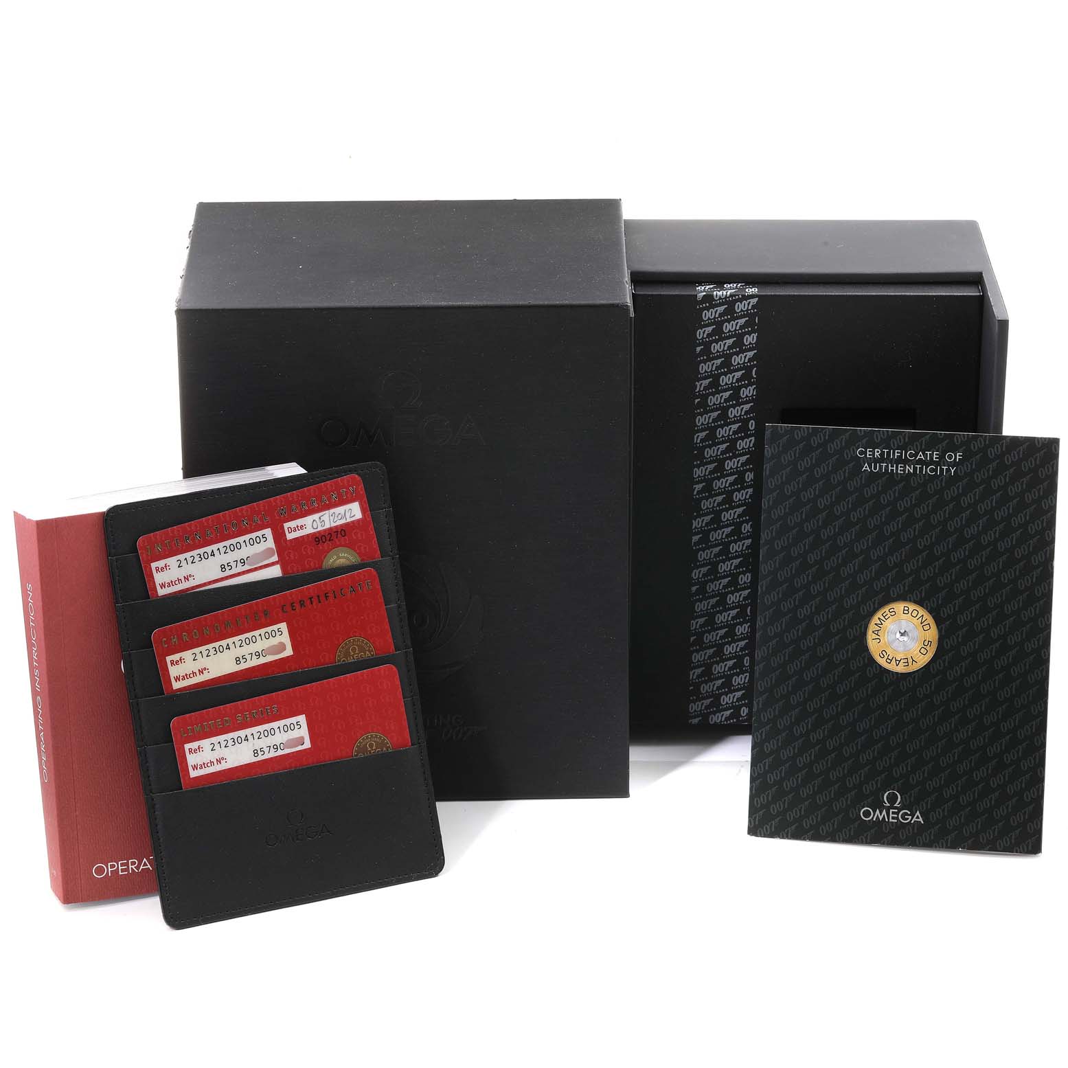 The image shows the packaging, cards, and certificate of authenticity for the Omega Seamaster 212.30.41.20.01.005 Men's Stainless Steel Black Dial 212.30.41.20.01.005 Men's Stainless Steel Black Dial watch.