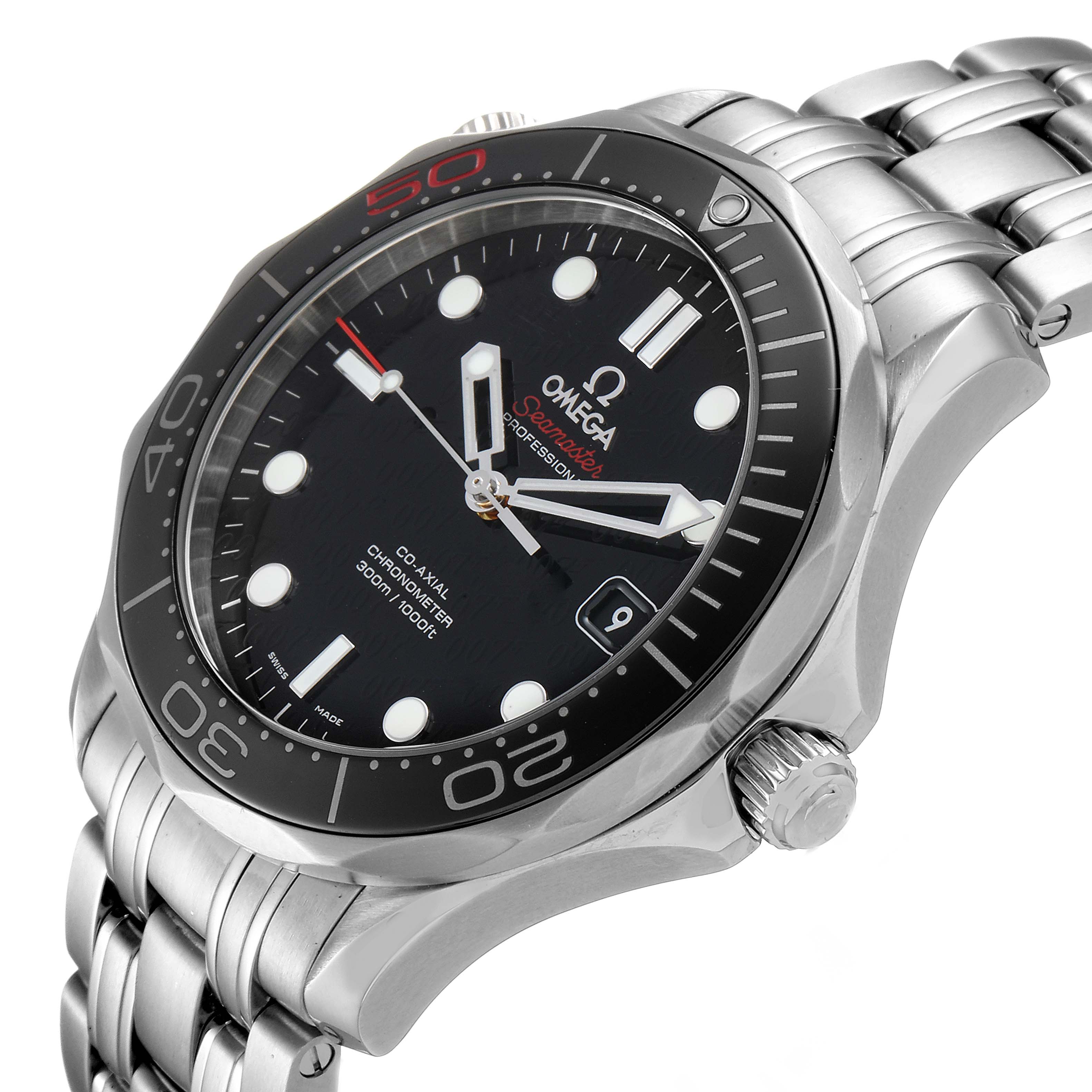 The image shows an angled view of the Omega Seamaster 212.30.41.20.01.005 Men's Stainless Steel Black Dial 212.30.41.20.01.005 Men's Stainless Steel Black Dial watch, highlighting the dial, bezel, crown, and bracelet.