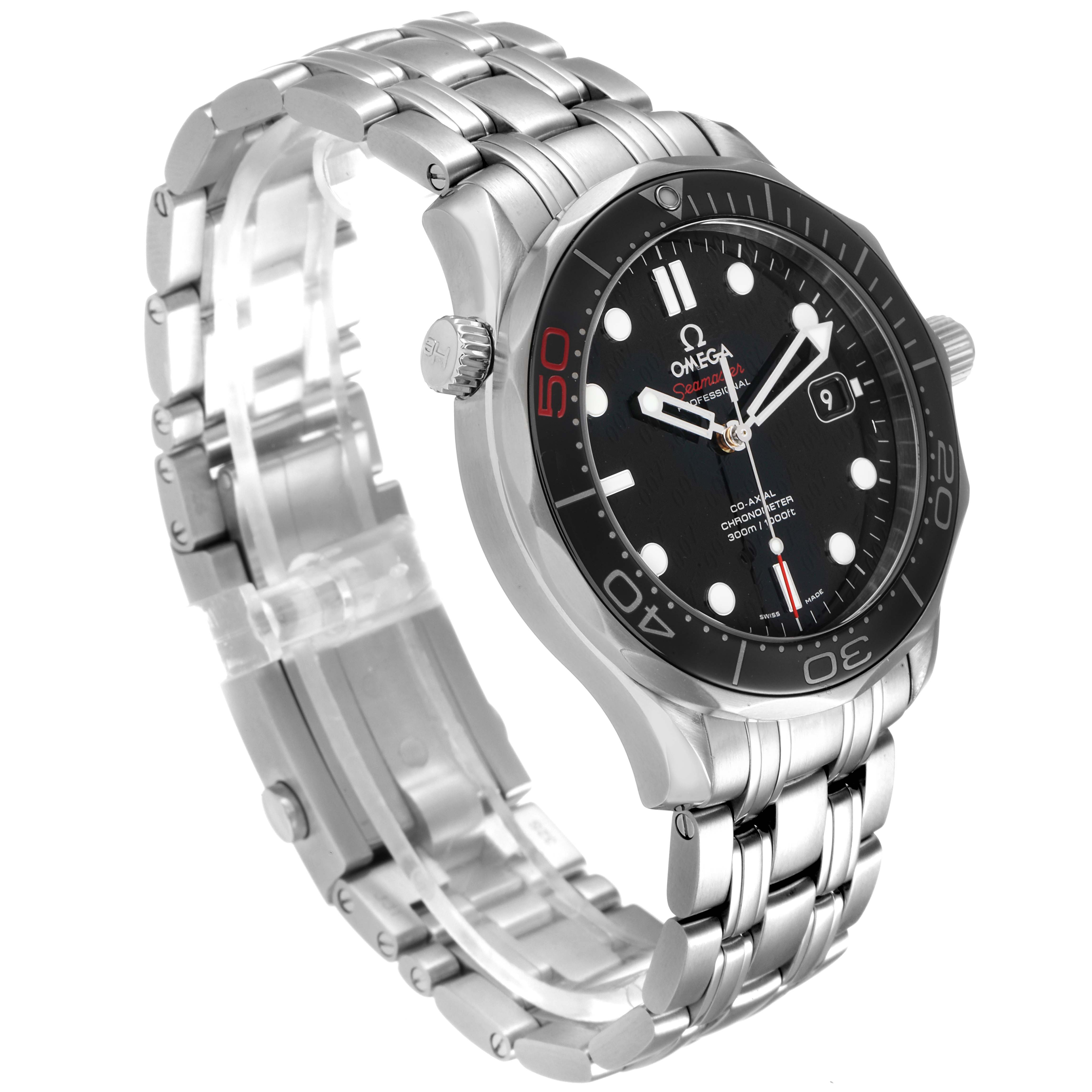 The image shows a side angle of an Omega Seamaster 212.30.41.20.01.005 Men's Stainless Steel Black Dial 212.30.41.20.01.005 Men's Stainless Steel Black Dial watch, highlighting the face, bezel, date window, and stainless steel bracelet.