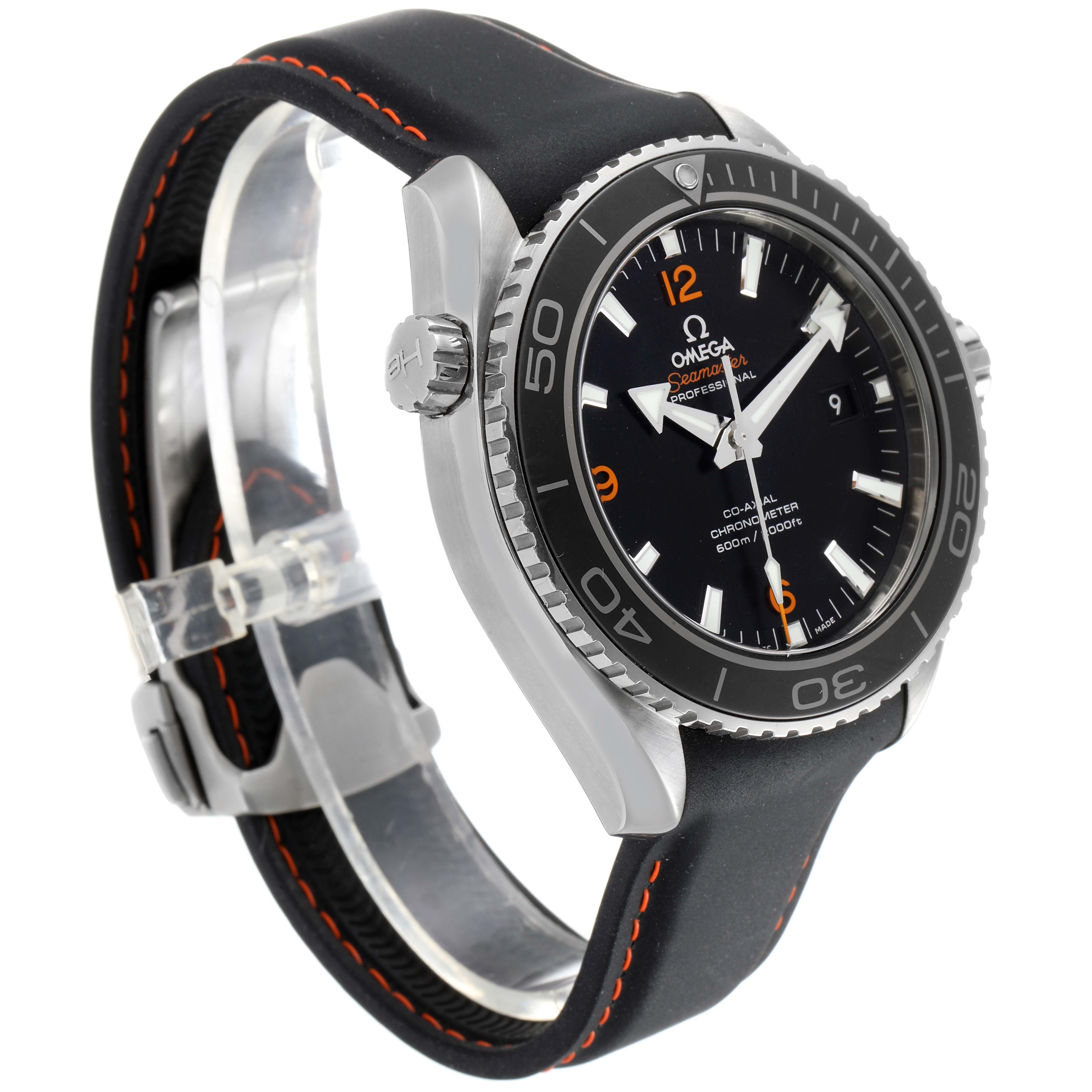 The Omega Seamaster 232.32.46.21.01.003 Men's Stainless Steel Black Dial 232.32.46.21.01.003 Men's Stainless Steel Black Dial watch is shown at an angle displaying the face, bezel, crown, and part of the strap.