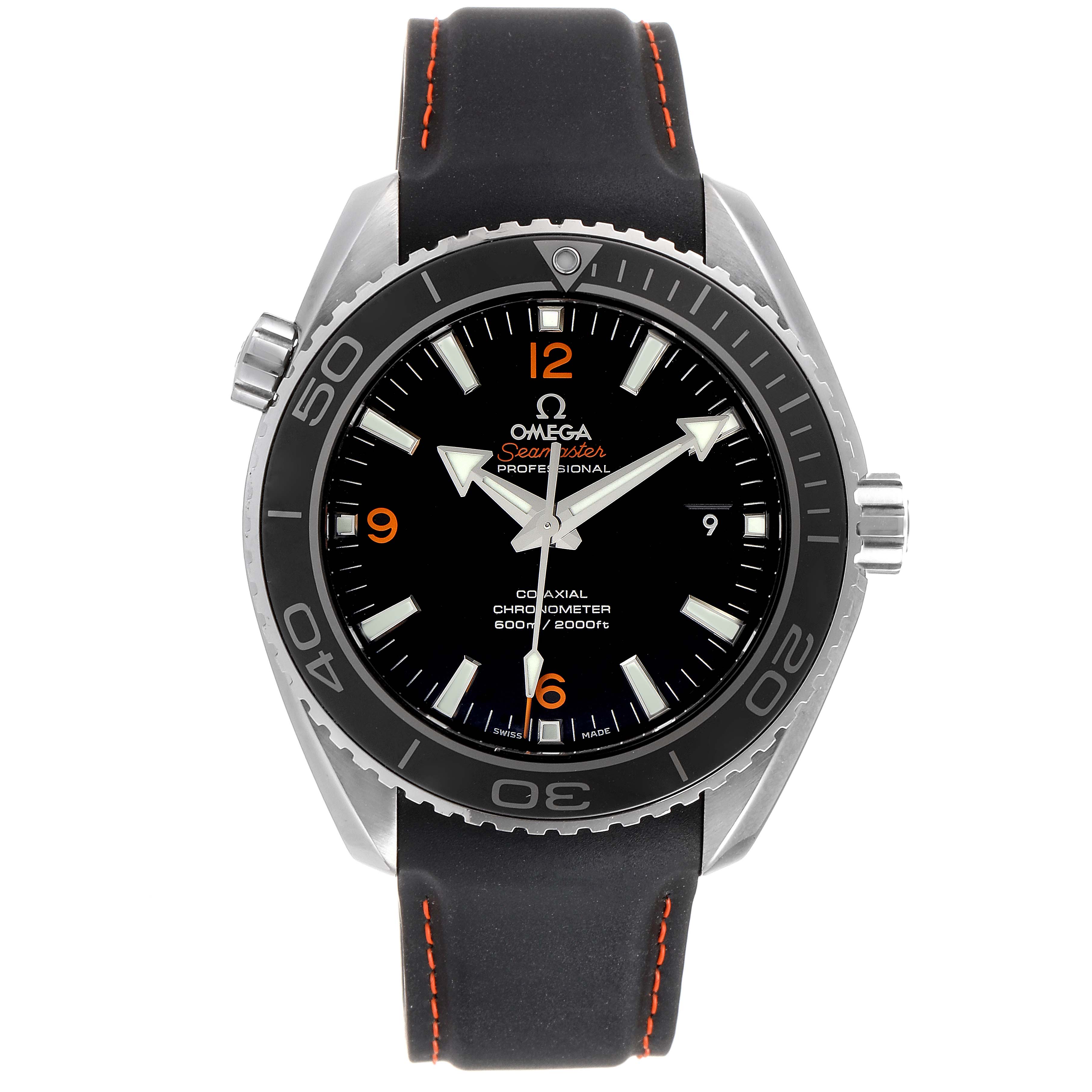 The image shows a front view of the Omega Seamaster 232.32.46.21.01.003 Men's Stainless Steel Black Dial 232.32.46.21.01.003 Men's Stainless Steel Black Dial watch, highlighting its dial, bezel, and strap.