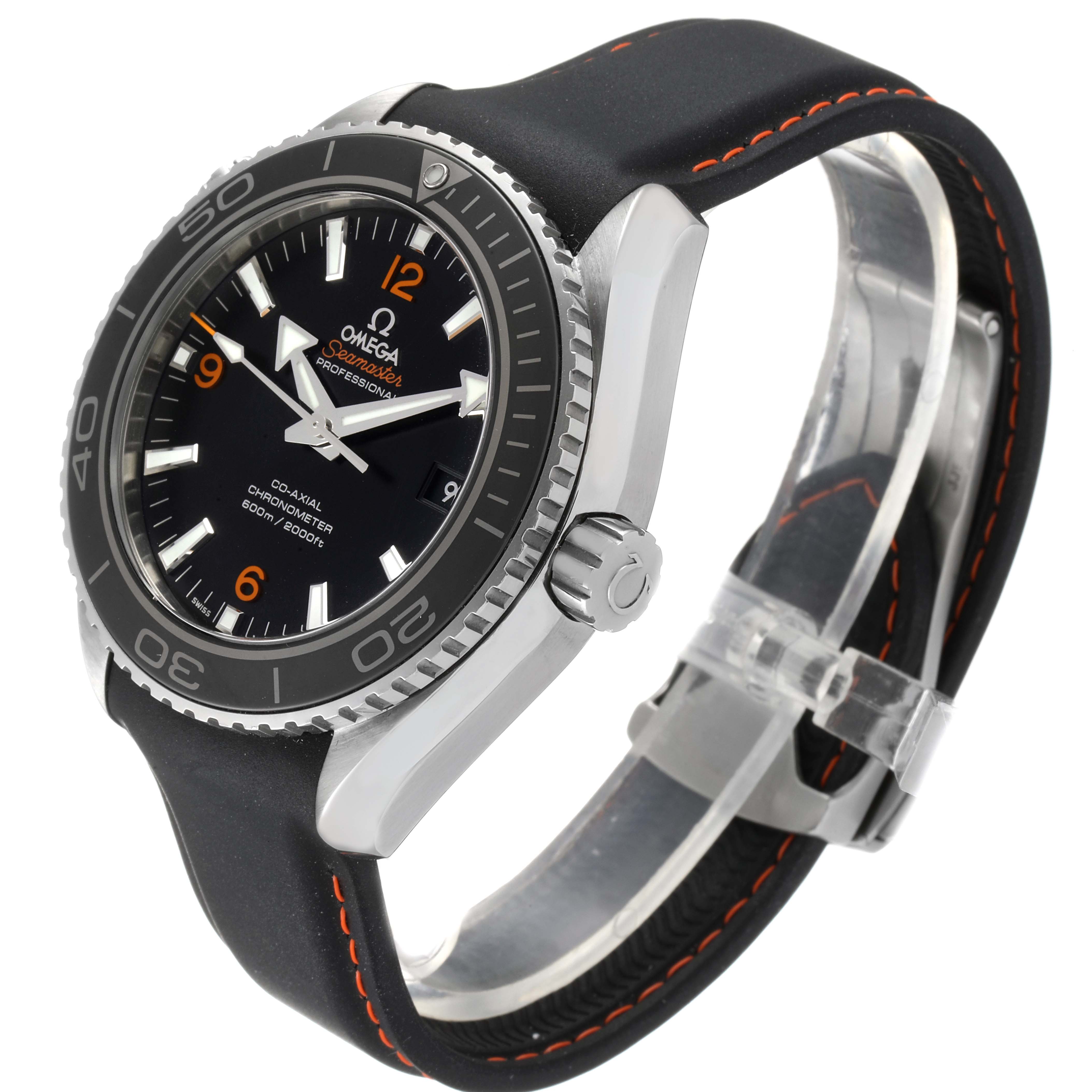 The image showcases an Omega Seamaster 232.32.46.21.01.003 Men's Stainless Steel Black Dial 232.32.46.21.01.003 Men's Stainless Steel Black Dial watch with a side-angle view, highlighting the case, bezel, crown, and rubber strap.