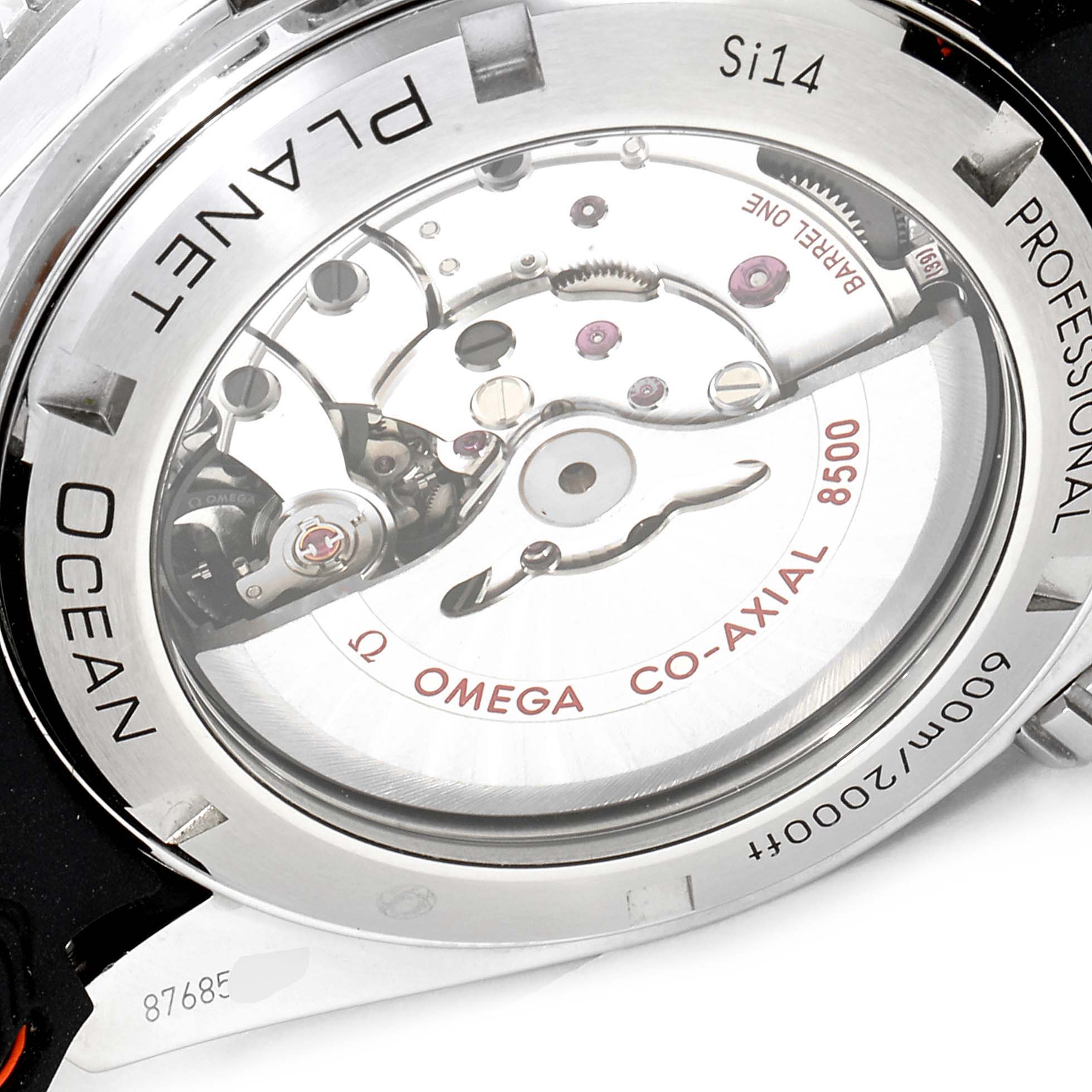 This image shows the transparent rear case of an Omega Seamaster 232.32.46.21.01.003 Men's Stainless Steel Black Dial 232.32.46.21.01.003 Men's Stainless Steel Black Dial Planet Ocean watch, displaying the co-axial movement.