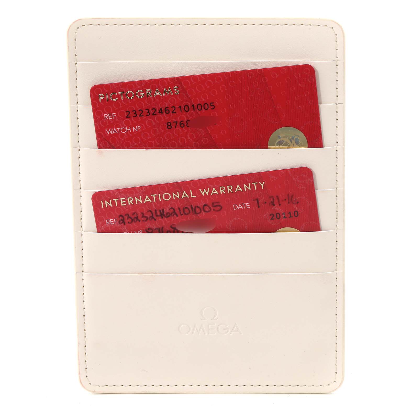 This image shows an Omega Seamaster 232.32.46.21.01.003 Men's Stainless Steel Black Dial 232.32.46.21.01.003 Men's Stainless Steel Black Dial warranty card holder with pictogram and international warranty cards inside.