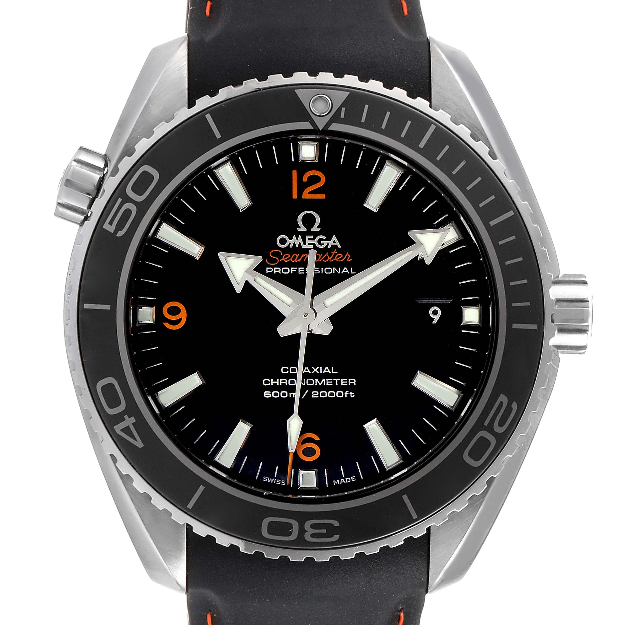 This image shows a front view of the Omega Seamaster 232.32.46.21.01.003 Men's Stainless Steel Black Dial 232.32.46.21.01.003 Men's Stainless Steel Black Dial watch, highlighting the dial, bezel, and crown.