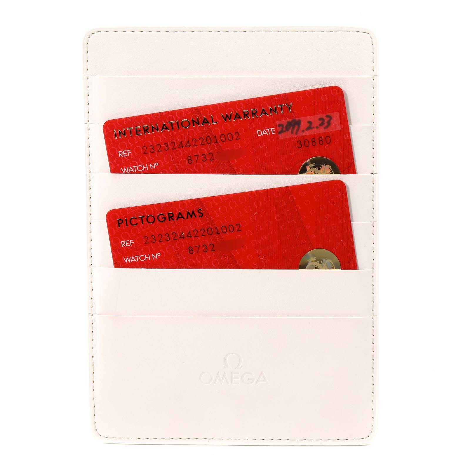 The image shows the warranty and pictogram cards for an Omega Seamaster 232.32.44.22.01.002 Men
s Stainless Steel Black Dial 232.32.44.22.01.002 Men
s Stainless Steel Black Dial watch inside a white cardholder.