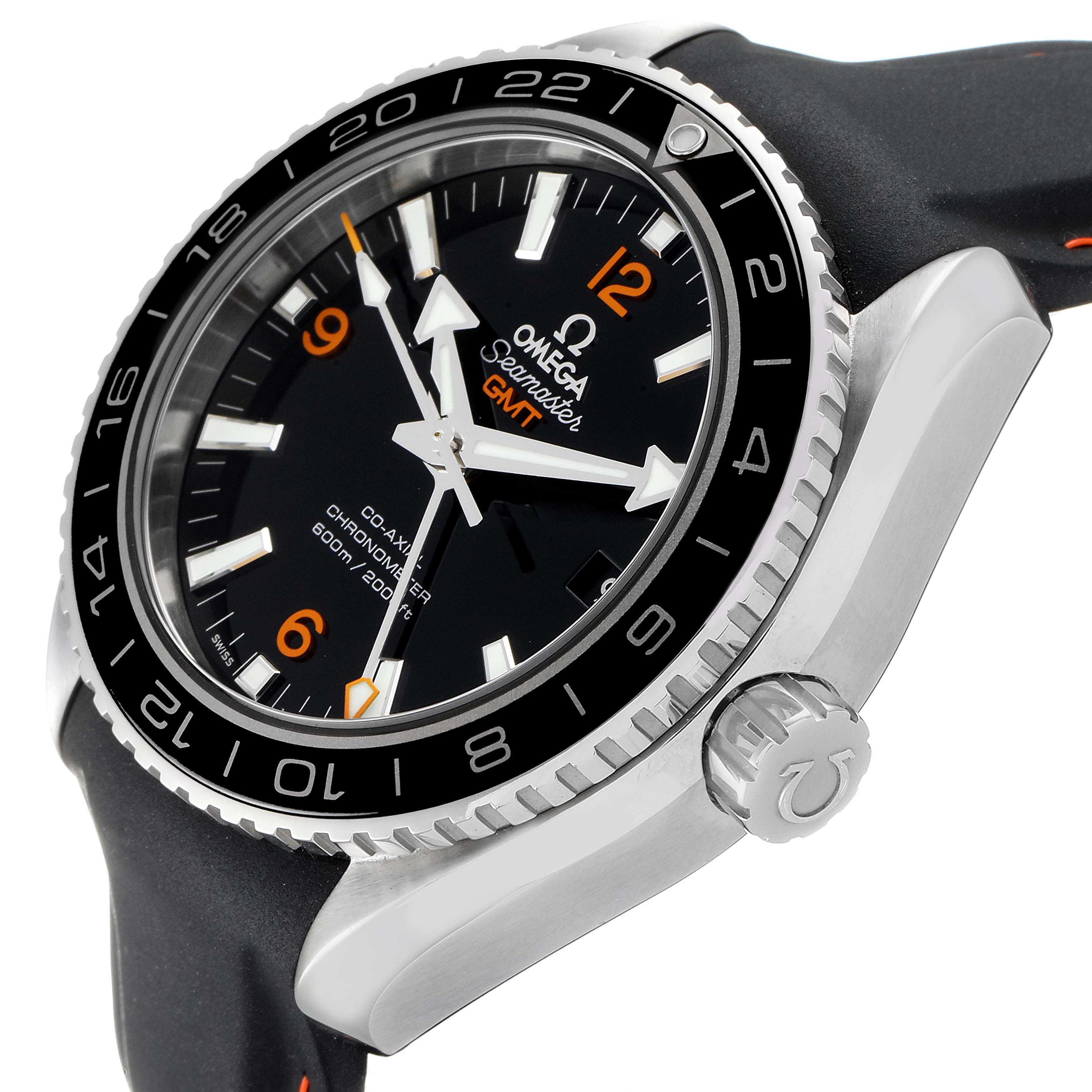 This Omega Seamaster 232.32.44.22.01.002 Men
s Stainless Steel Black Dial 232.32.44.22.01.002 Men
s Stainless Steel Black Dial GMT watch is shown at a slight side angle displaying its face, bezel, case, crown, and part of the strap.