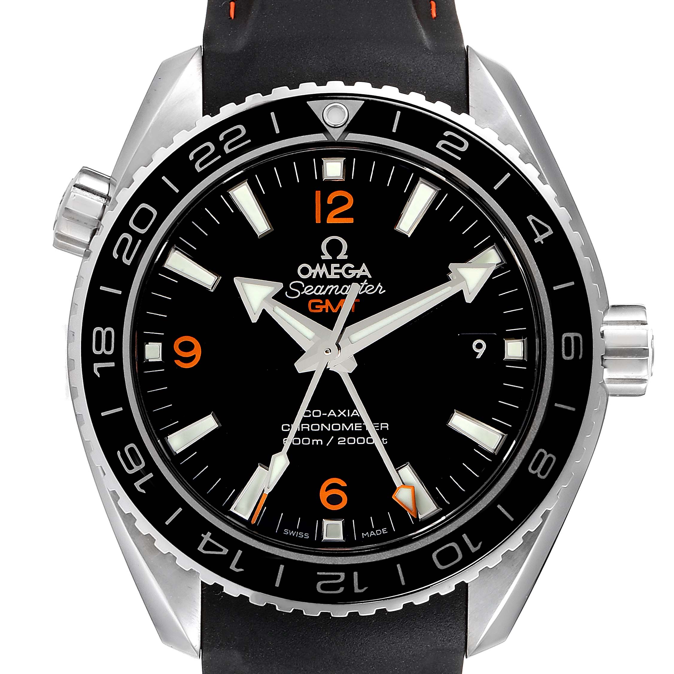 The image shows a front view of an Omega Seamaster 232.32.44.22.01.002 Men
s Stainless Steel Black Dial 232.32.44.22.01.002 Men
s Stainless Steel Black Dial watch, displaying the dial, bezel, and crown.