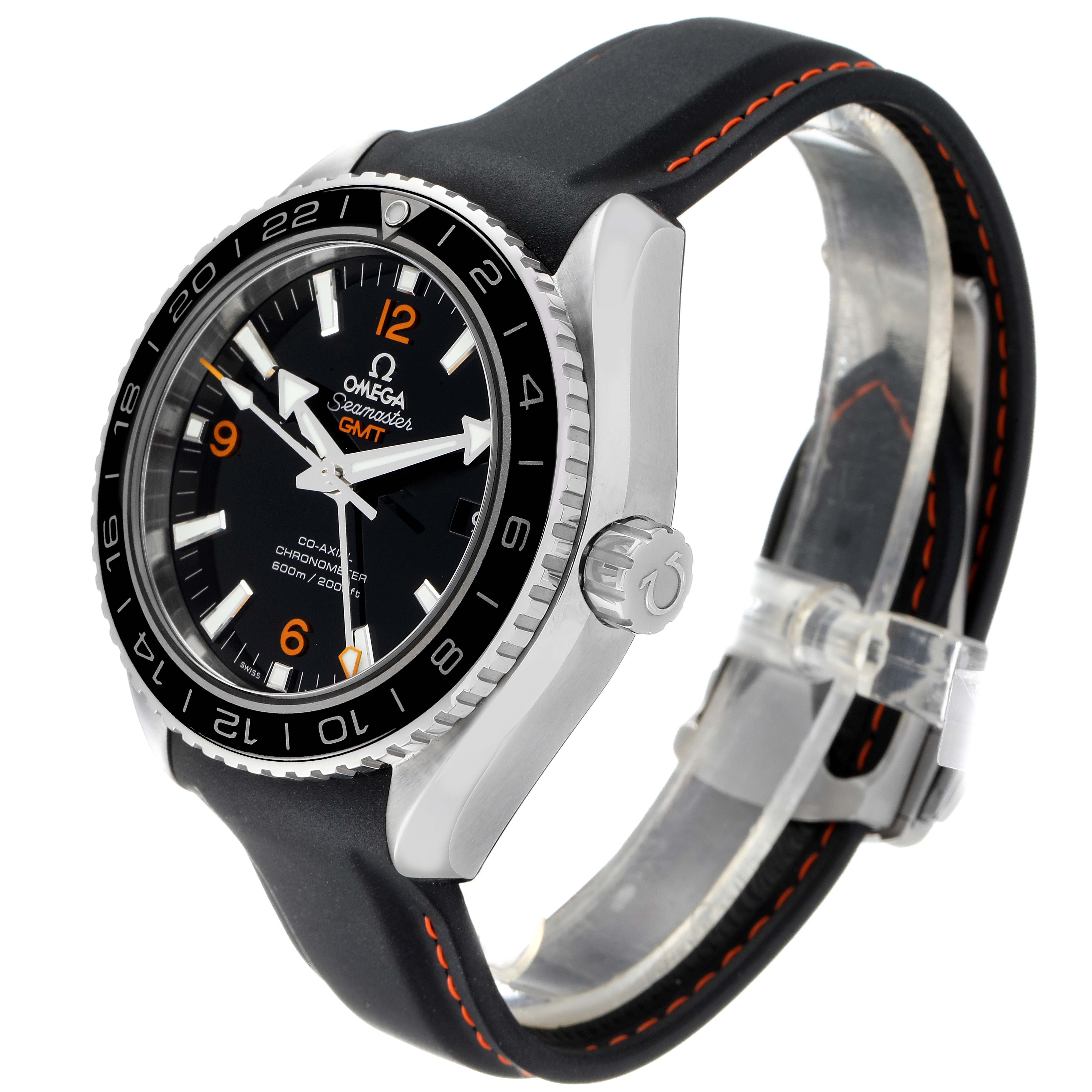 The image shows a side view of the Omega Seamaster 232.32.44.22.01.002 Men
s Stainless Steel Black Dial 232.32.44.22.01.002 Men
s Stainless Steel Black Dial GMT watch, highlighting the face, bezel, and strap.