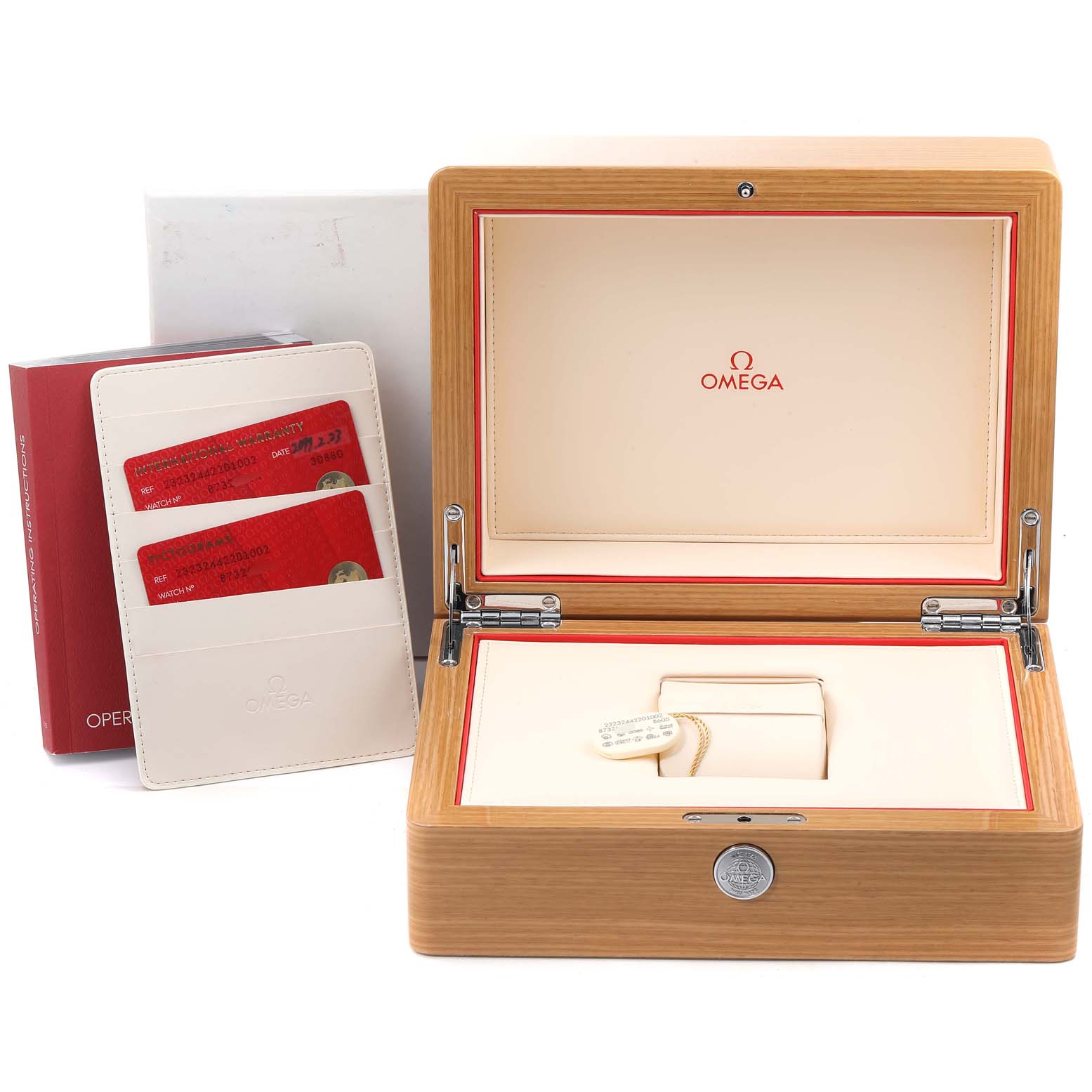 The image shows the Omega Seamaster 232.32.44.22.01.002 Men
s Stainless Steel Black Dial 232.32.44.22.01.002 Men
s Stainless Steel Black Dial
s open wooden box, warranty cards in a wallet, and the watch holder.