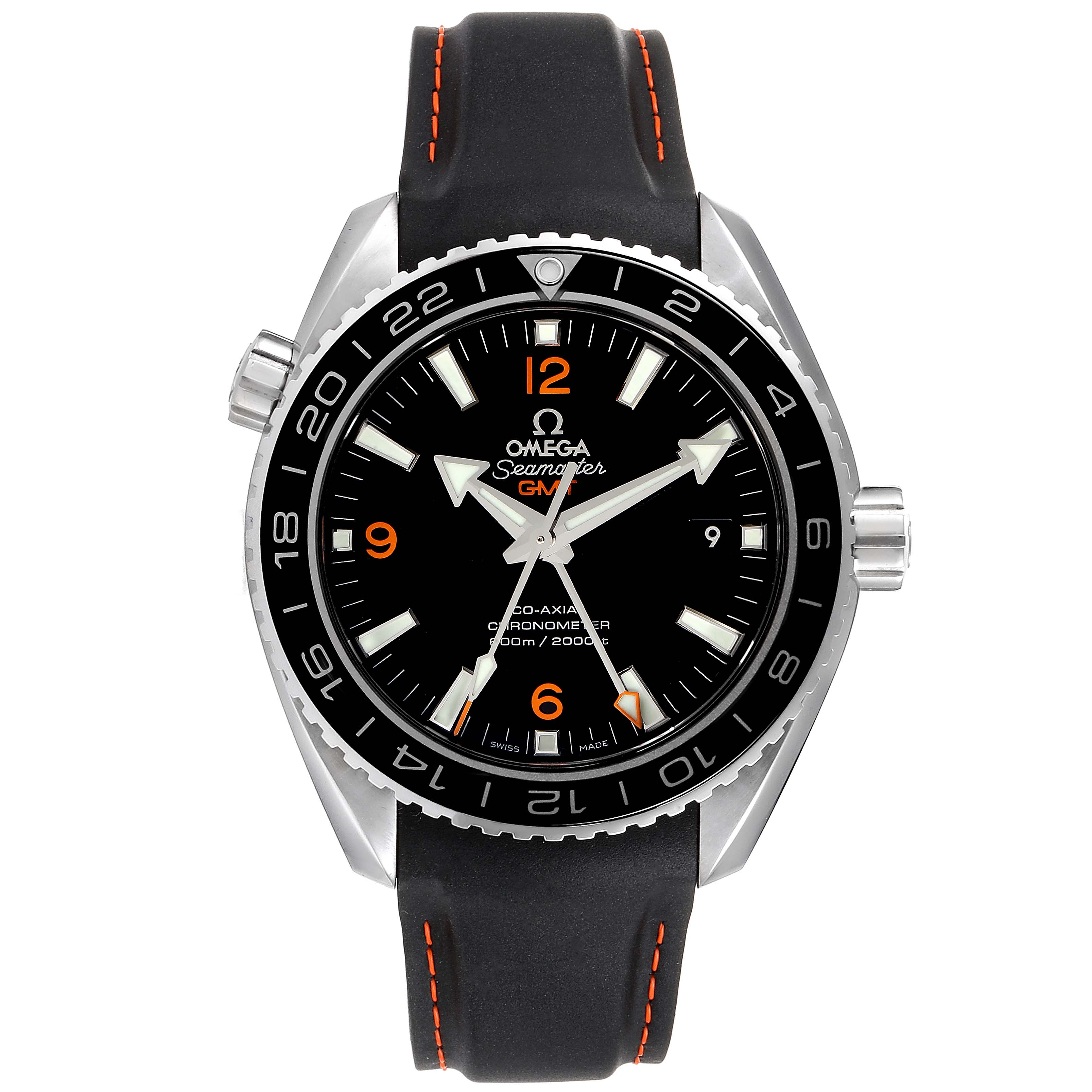 The image shows a front view of an Omega Seamaster 232.32.44.22.01.002 Men
s Stainless Steel Black Dial 232.32.44.22.01.002 Men
s Stainless Steel Black Dial watch face, bezel, and strap with prominent details.
