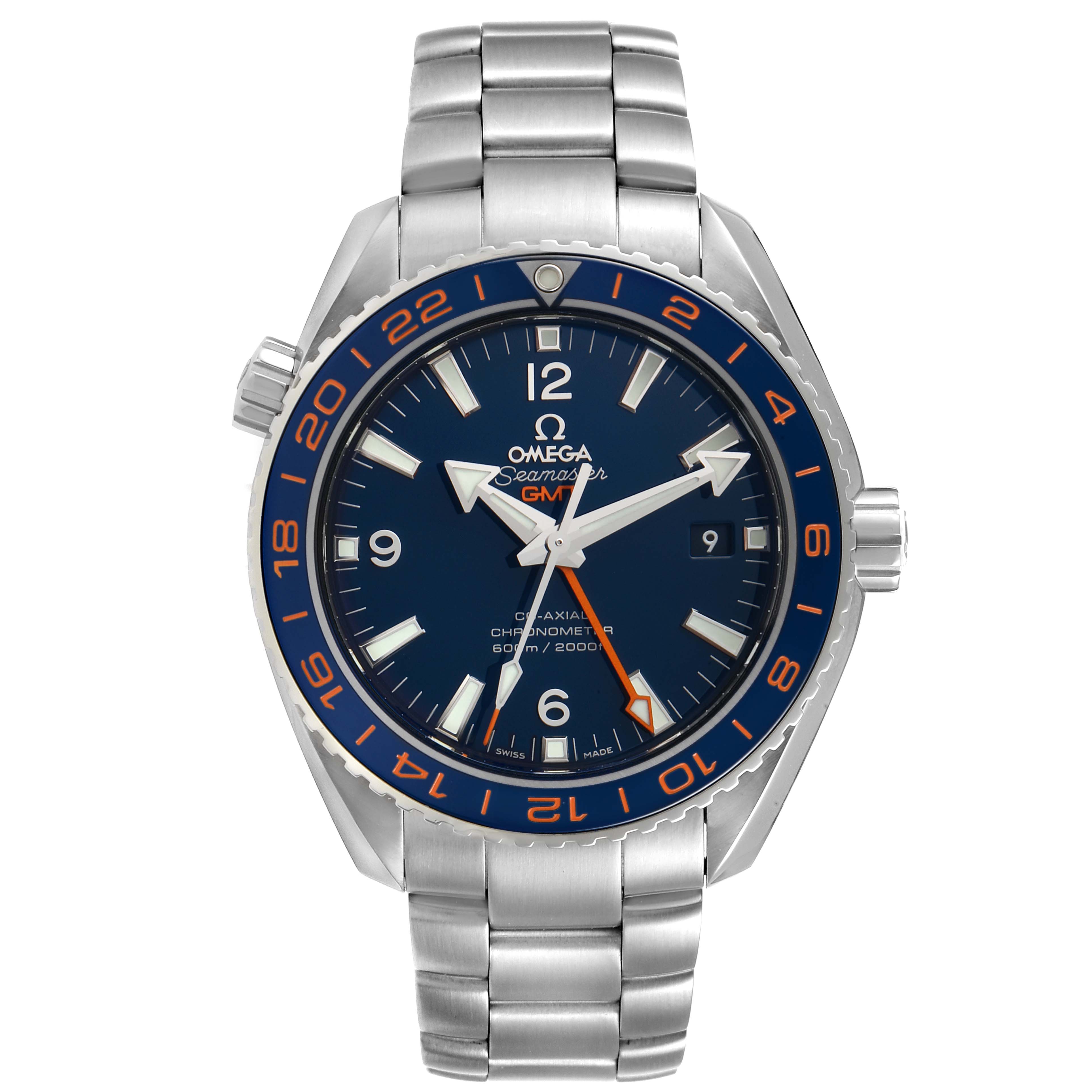 This image shows a frontal view of the Omega Seamaster 232.30.44.22.03.001 Men
s Stainless Steel Blue Dial 232.30.44.22.03.001 Men
s Stainless Steel Blue Dial watch, displaying its face, bracelet, and bezel.