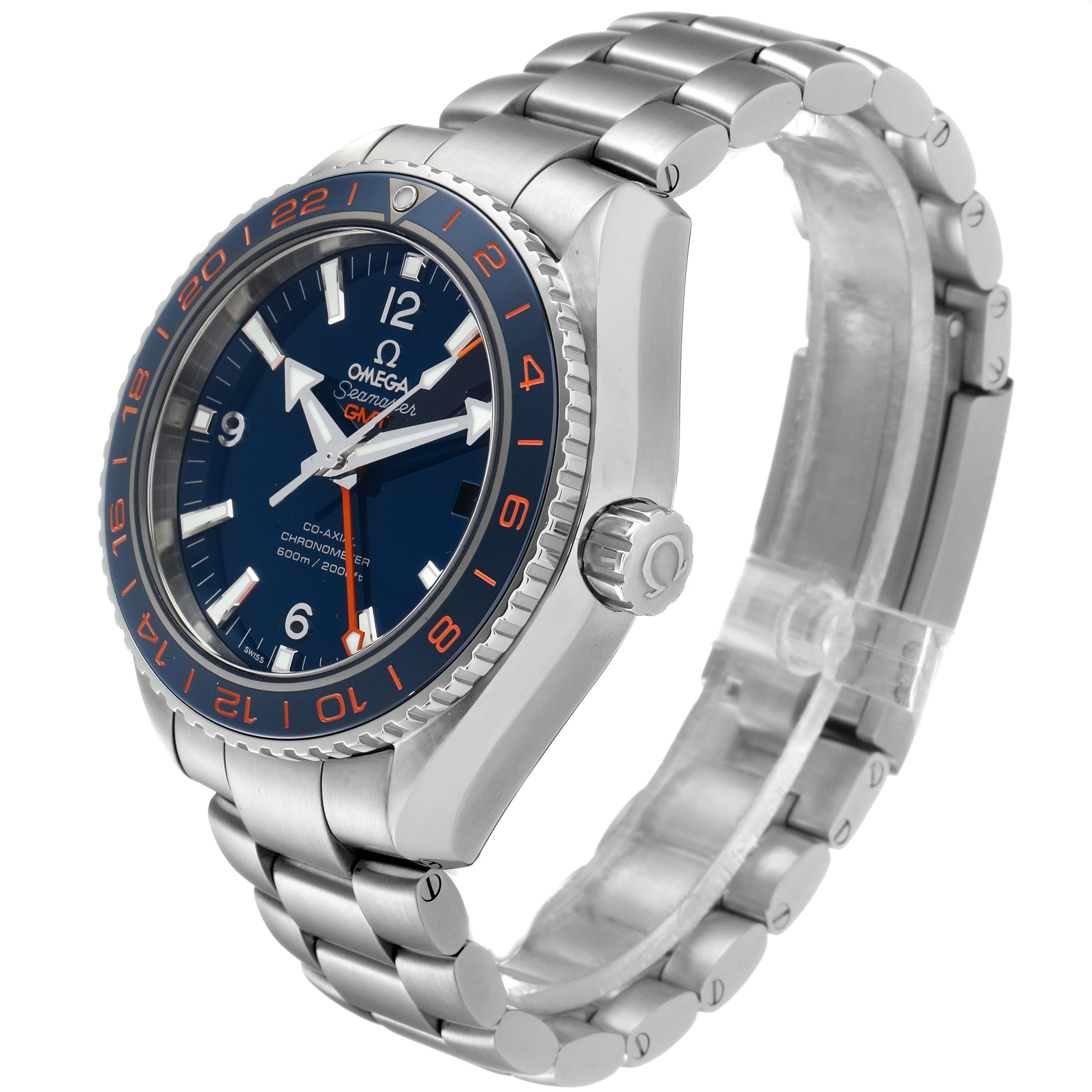 The image shows a side angle view of the Omega Seamaster 232.30.44.22.03.001 Men
s Stainless Steel Blue Dial 232.30.44.22.03.001 Men
s Stainless Steel Blue Dial watch, displaying its face, bezel, crown, and bracelet.