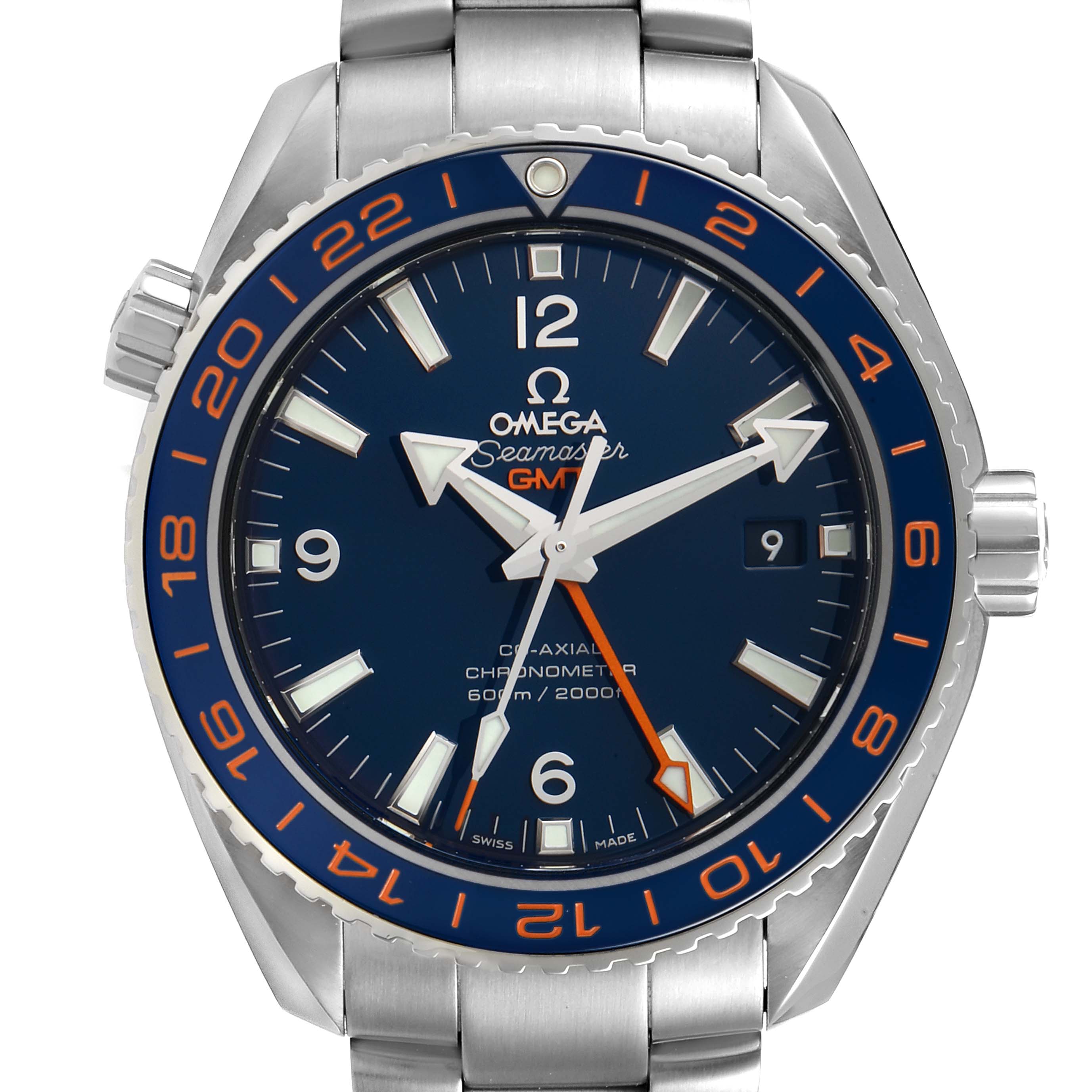 The Omega Seamaster 232.30.44.22.03.001 Men
s Stainless Steel Blue Dial 232.30.44.22.03.001 Men
s Stainless Steel Blue Dial watch is shown from a front angle, highlighting the dial, bezel, and part of the bracelet.