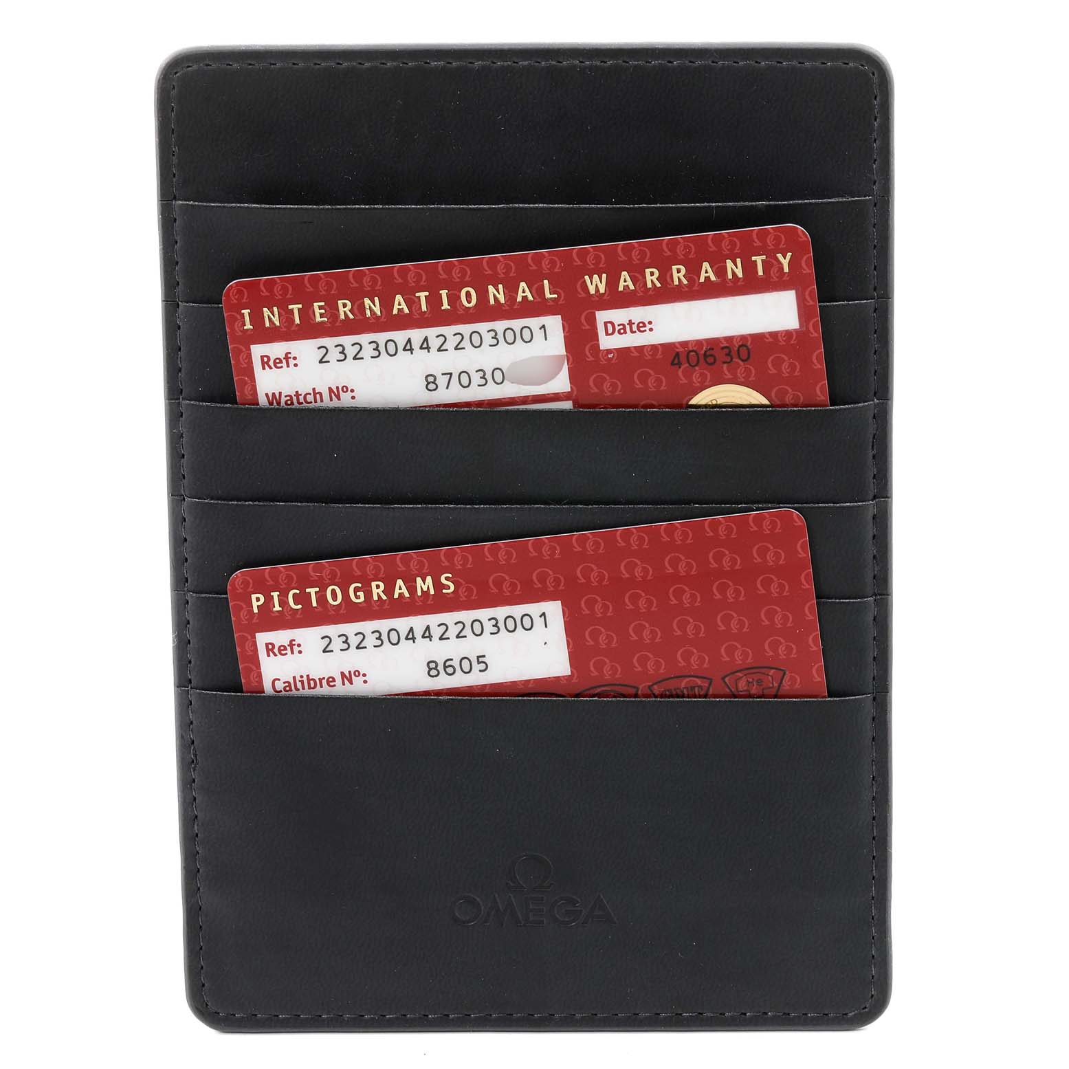 This image shows the warranty and pictogram cards for the Omega Seamaster 232.30.44.22.03.001 Men
s Stainless Steel Blue Dial 232.30.44.22.03.001 Men
s Stainless Steel Blue Dial model in a black Omega cardholder.