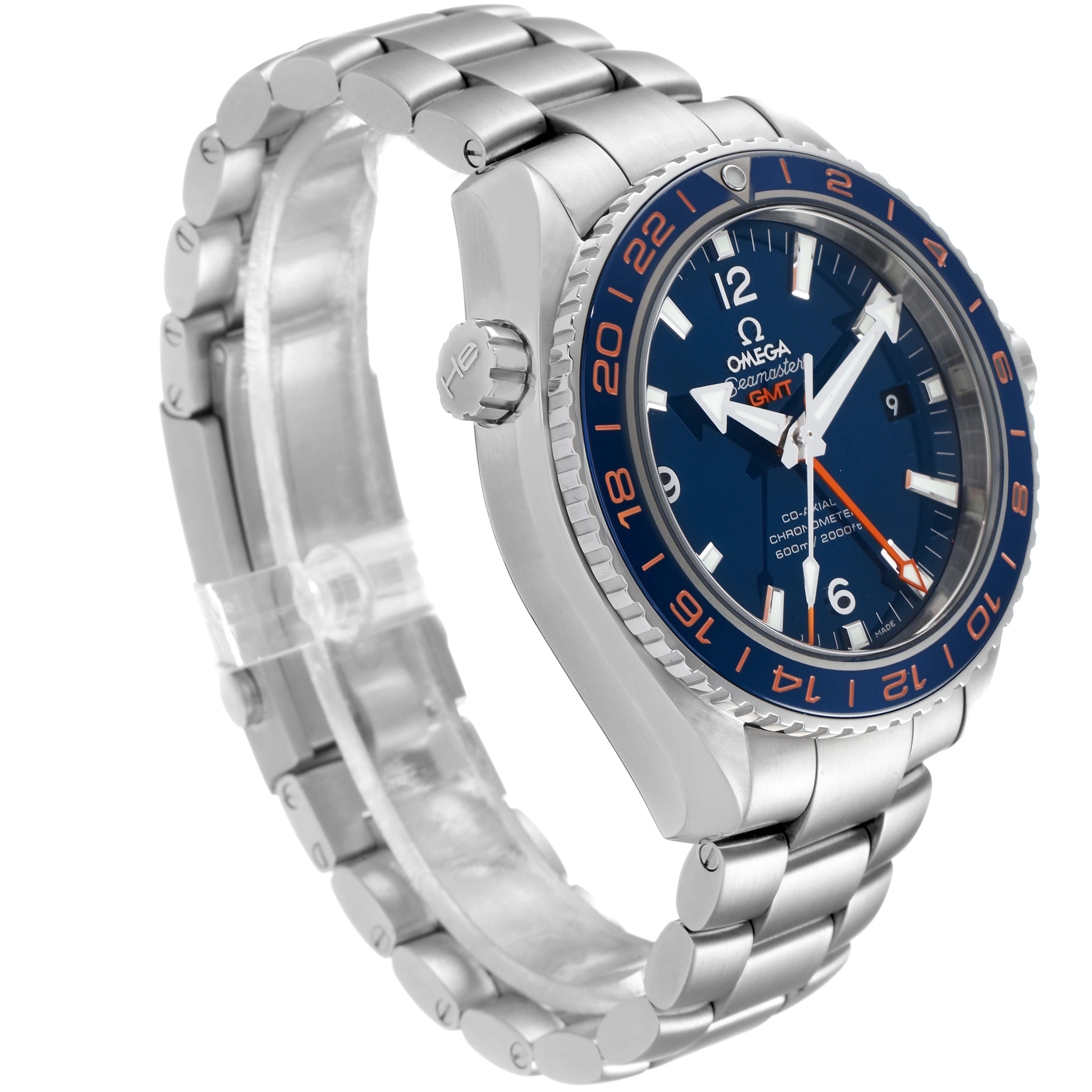 The Omega Seamaster 232.30.44.22.03.001 Men
s Stainless Steel Blue Dial 232.30.44.22.03.001 Men
s Stainless Steel Blue Dial watch is shown from a front-side angle, highlighting its bezel, dial, and metal bracelet.