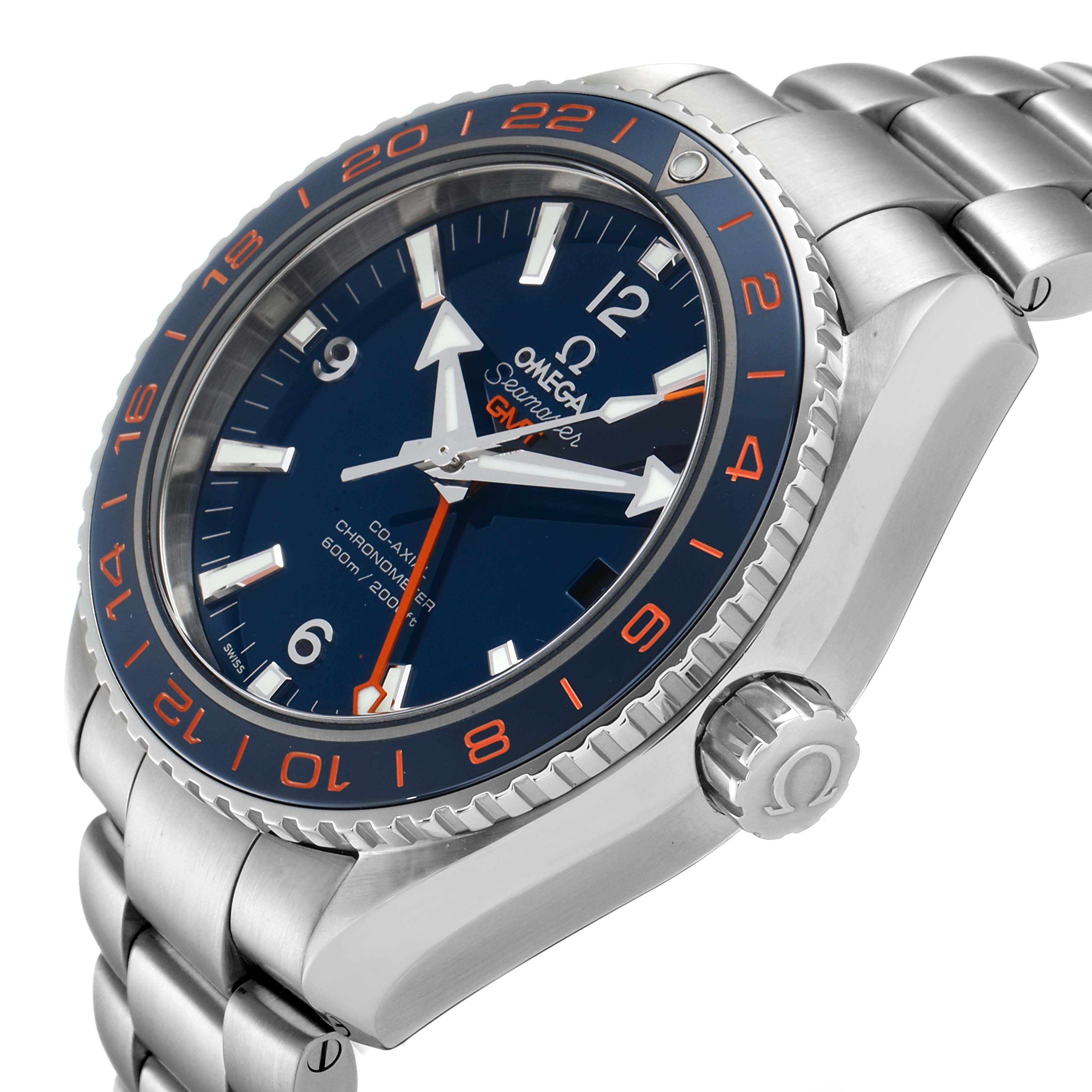 The image shows an angled close-up of an Omega Seamaster 232.30.44.22.03.001 Men
s Stainless Steel Blue Dial 232.30.44.22.03.001 Men
s Stainless Steel Blue Dial watch, highlighting the bezel, dial, and bracelet.