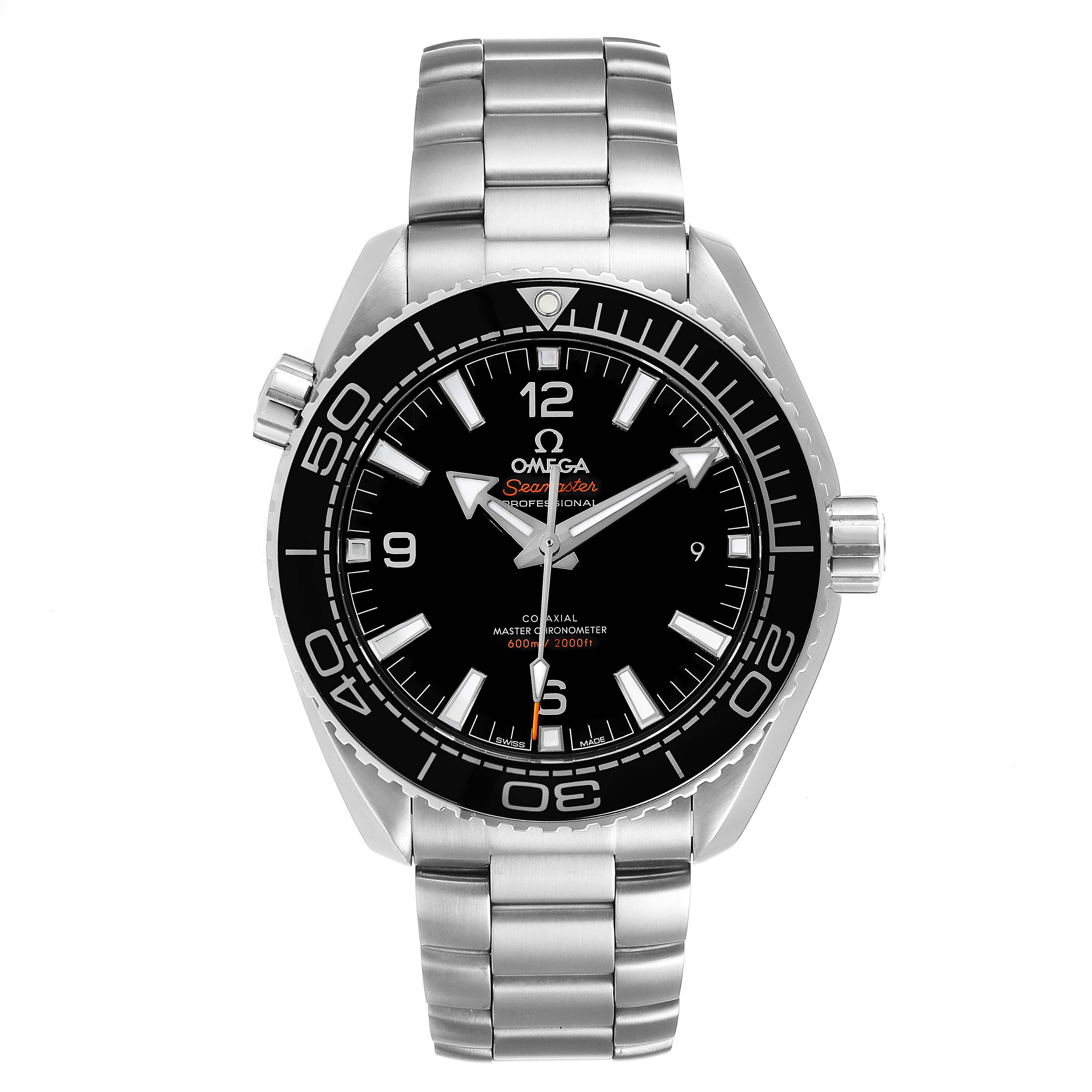 The Omega Planet Ocean 215.30.44.21.01.001 Men's Stainless Steel Black Dial 215.30.44.21.01.001 Men's Stainless Steel Black Dial watch is shown from the front, featuring its stainless steel bracelet, black dial, and bezel.