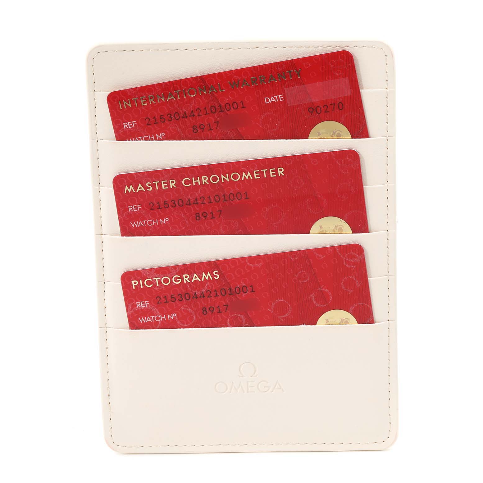 The image shows the warranty cards for the Omega Planet Ocean 215.30.44.21.01.001 Men's Stainless Steel Black Dial 215.30.44.21.01.001 Men's Stainless Steel Black Dial model, placed in a white cardholder.