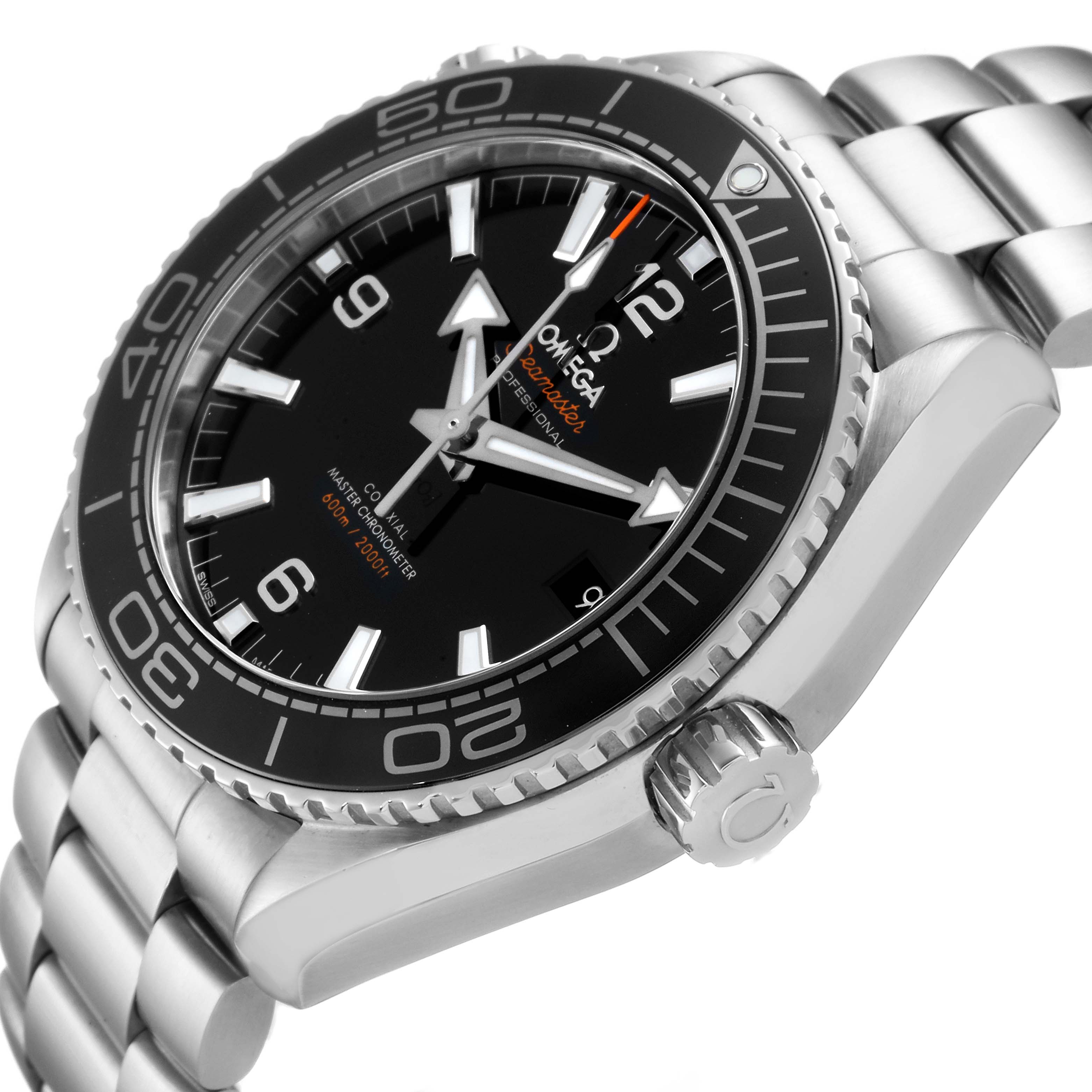The image shows an Omega Planet Ocean 215.30.44.21.01.001 Men's Stainless Steel Black Dial 215.30.44.21.01.001 Men's Stainless Steel Black Dial watch at a slight angle, highlighting the face, bezel, crown, and bracelet.